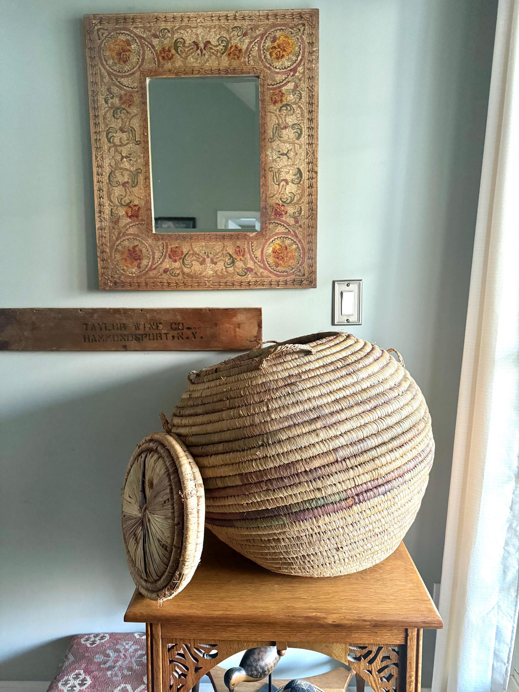 Large Round Coiled Amhara Basket with Lid | Distressed African Tribal Woven Basket | Boho Decor | Boho Storage| Coiled Basket| African Decor