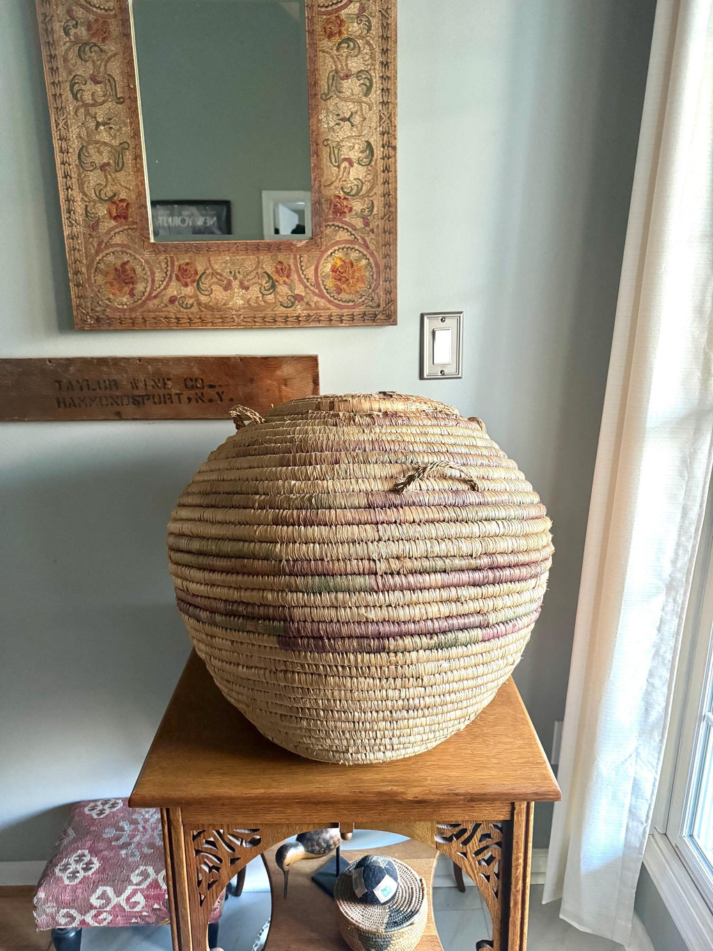 Large Round Coiled Amhara Basket with Lid | Distressed African Tribal Woven Basket | Boho Decor | Boho Storage| Coiled Basket| African Decor