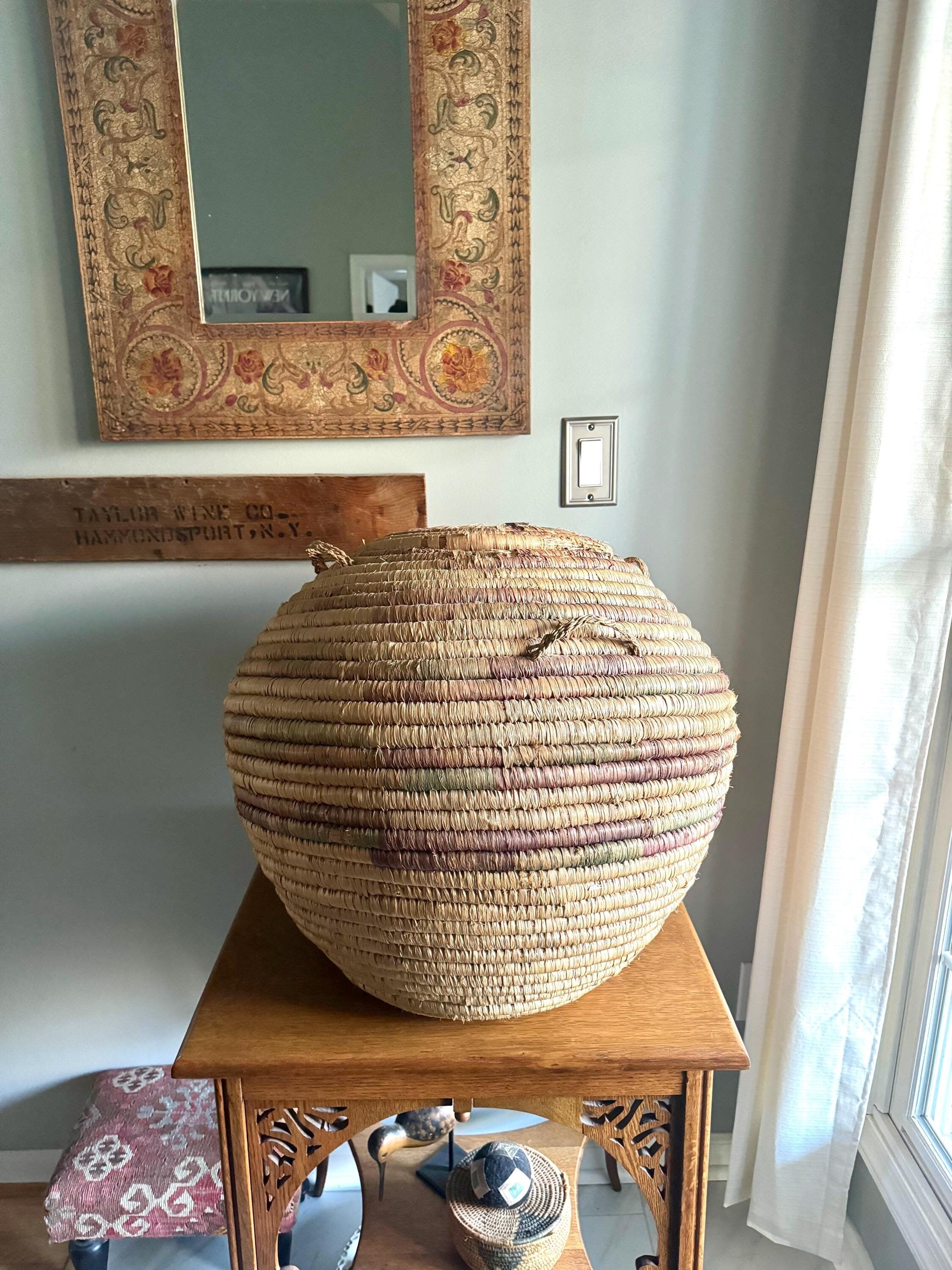 Large Round Coiled Amhara Basket with Lid | Distressed African Tribal Woven Basket | Boho Decor | Boho Storage| Coiled Basket| African Decor