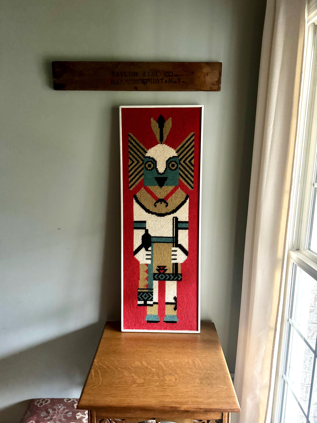 Vtg Framed Kachina Hook Rug | Native Kachina Rug In Frame | Pueblo Kachina Framed Hook Rug 42" x 15"