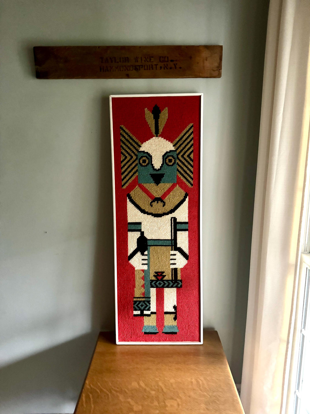 Vtg Framed Kachina Hook Rug | Native Kachina Rug In Frame | Pueblo Kachina Framed Hook Rug 42" x 15"