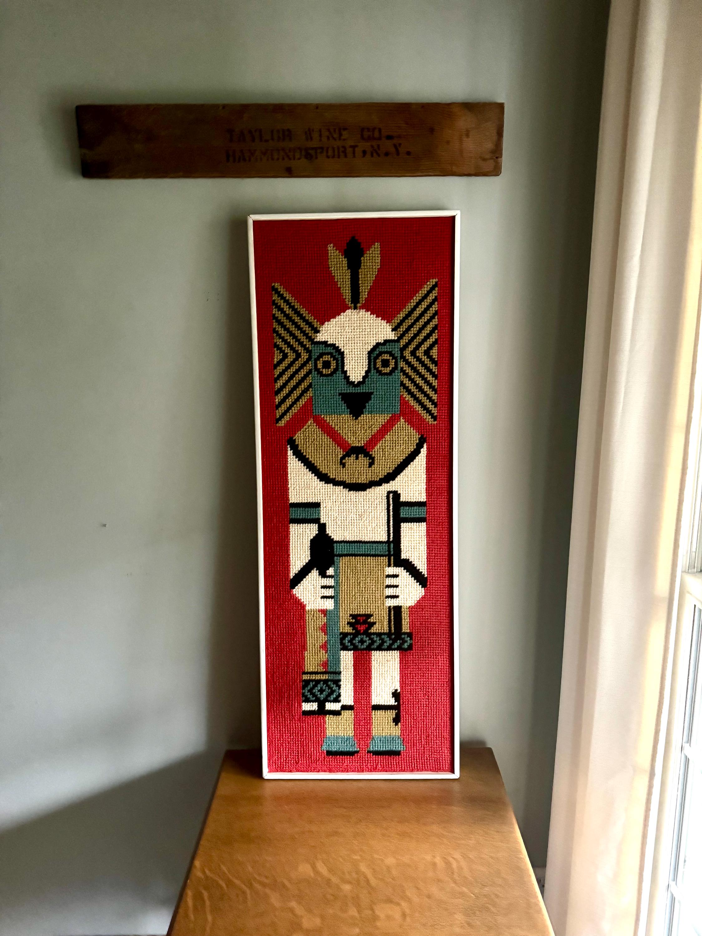 Vtg Framed Kachina Hook Rug | Native Kachina Rug In Frame | Pueblo Kachina Framed Hook Rug 42" x 15"