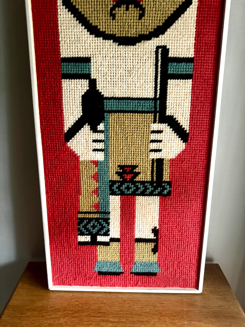 Vtg Framed Kachina Hook Rug | Native Kachina Rug In Frame | Pueblo Kachina Framed Hook Rug 42" x 15"