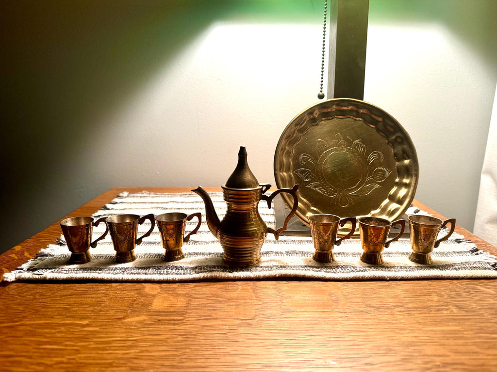Vtg India Brass Tea Set with Tray| Engraved Brass Tea Set| Small India Wine Serving Set| Turkish Brass Coffee Set | Middle Eastern Decor