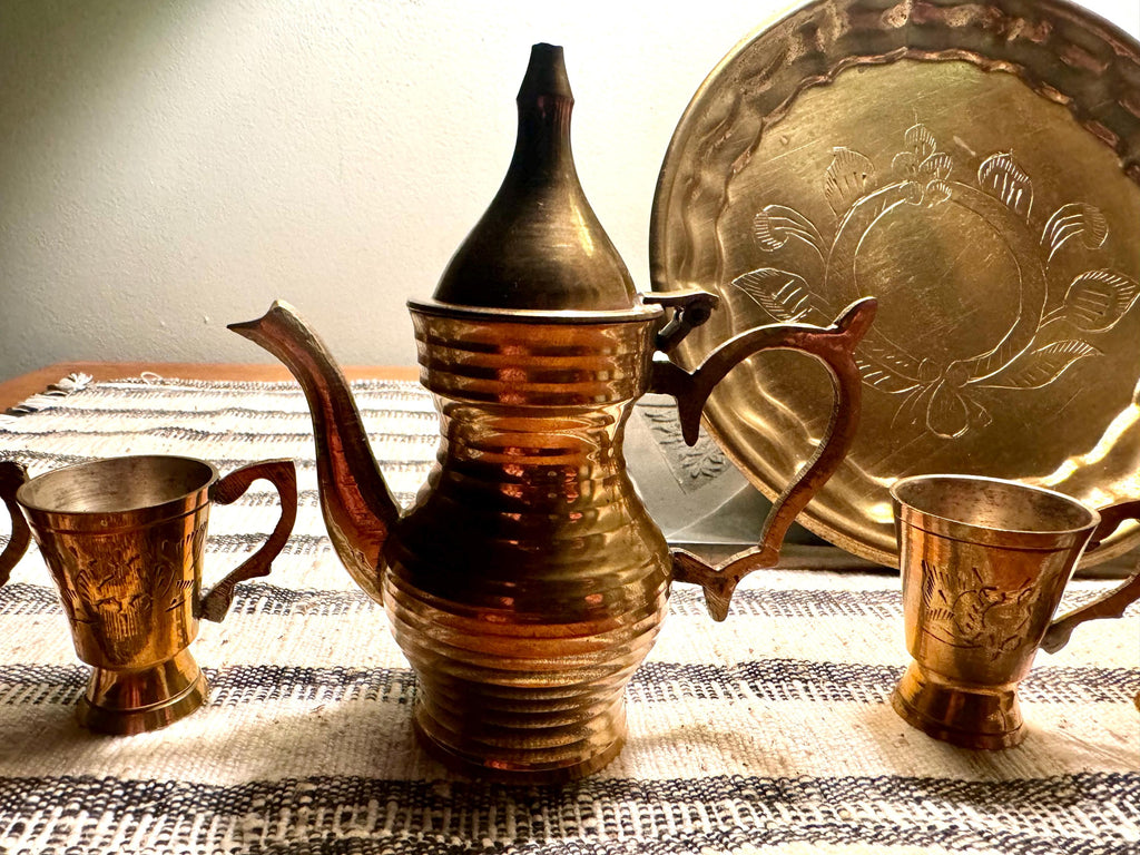 Vtg India Brass Tea Set with Tray| Engraved Brass Tea Set| Small India Wine Serving Set| Turkish Brass Coffee Set | Middle Eastern Decor