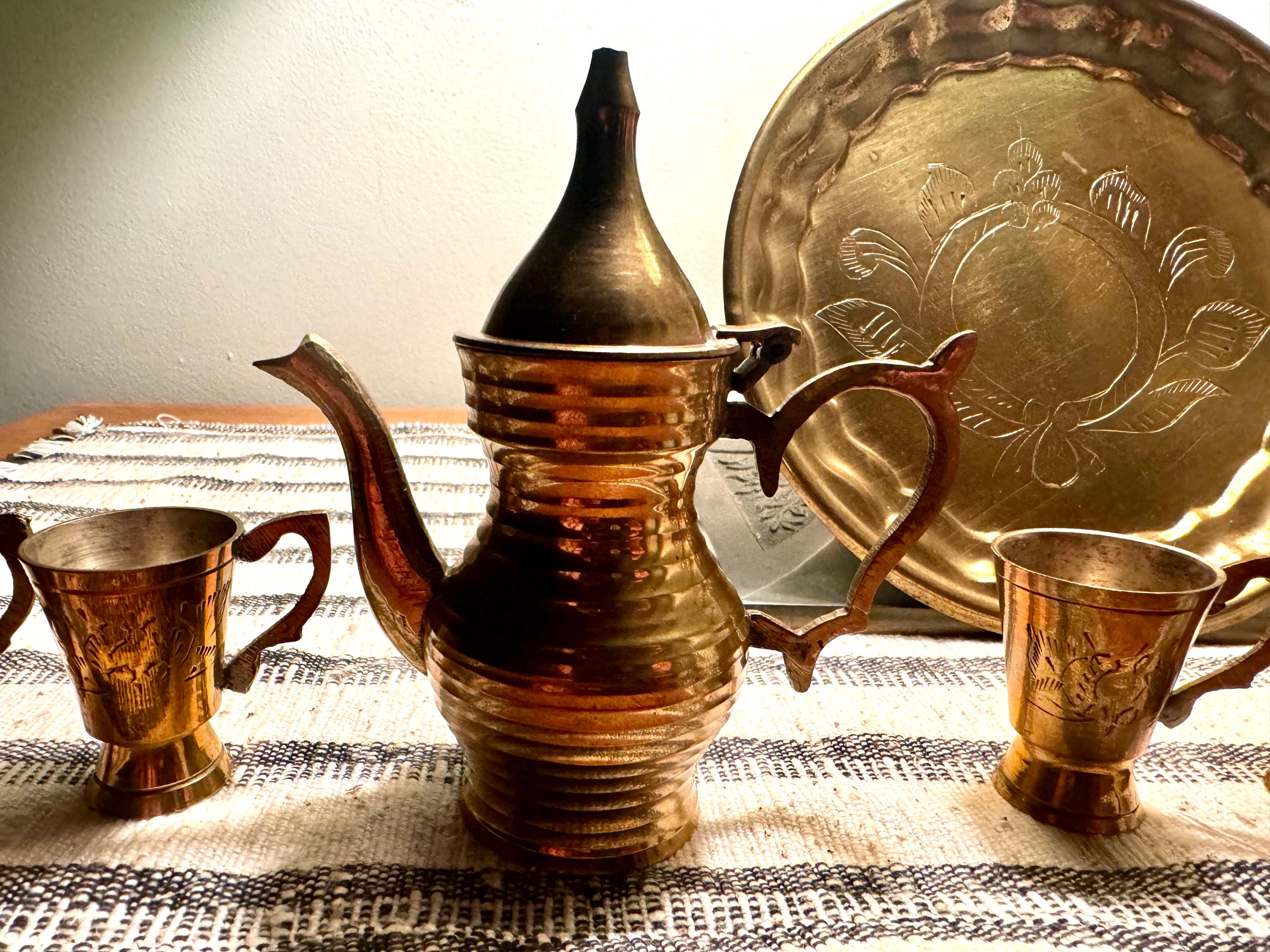 Vtg India Brass Tea Set with Tray| Engraved Brass Tea Set| Small India Wine Serving Set| Turkish Brass Coffee Set | Middle Eastern Decor