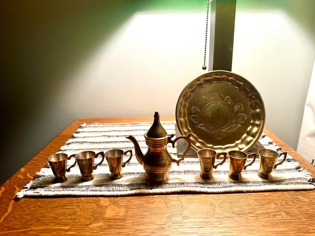 Vtg India Brass Tea Set with Tray| Engraved Brass Tea Set| Small India Wine Serving Set| Turkish Brass Coffee Set | Middle Eastern Decor