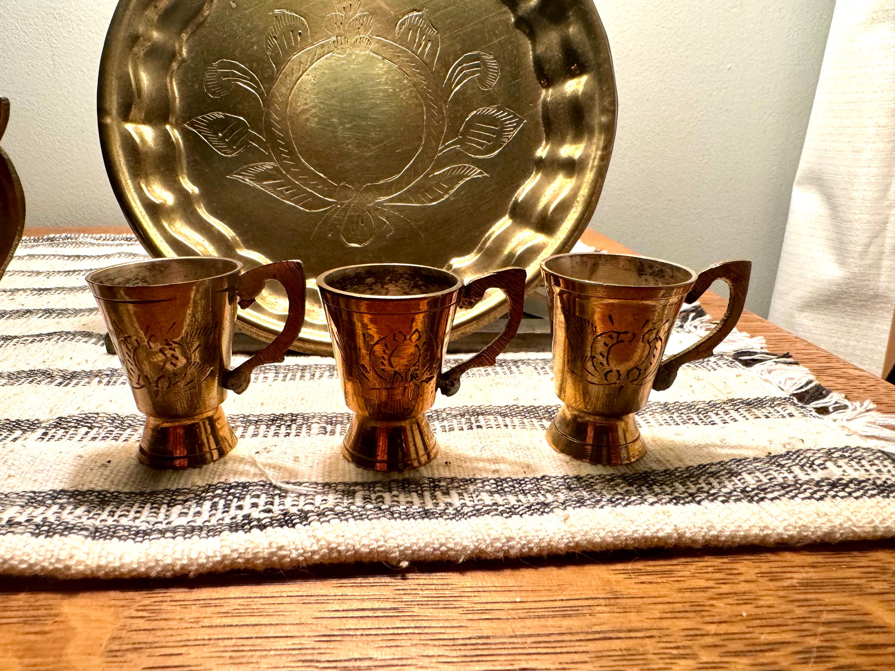 Vtg India Brass Tea Set with Tray| Engraved Brass Tea Set| Small India Wine Serving Set| Turkish Brass Coffee Set | Middle Eastern Decor