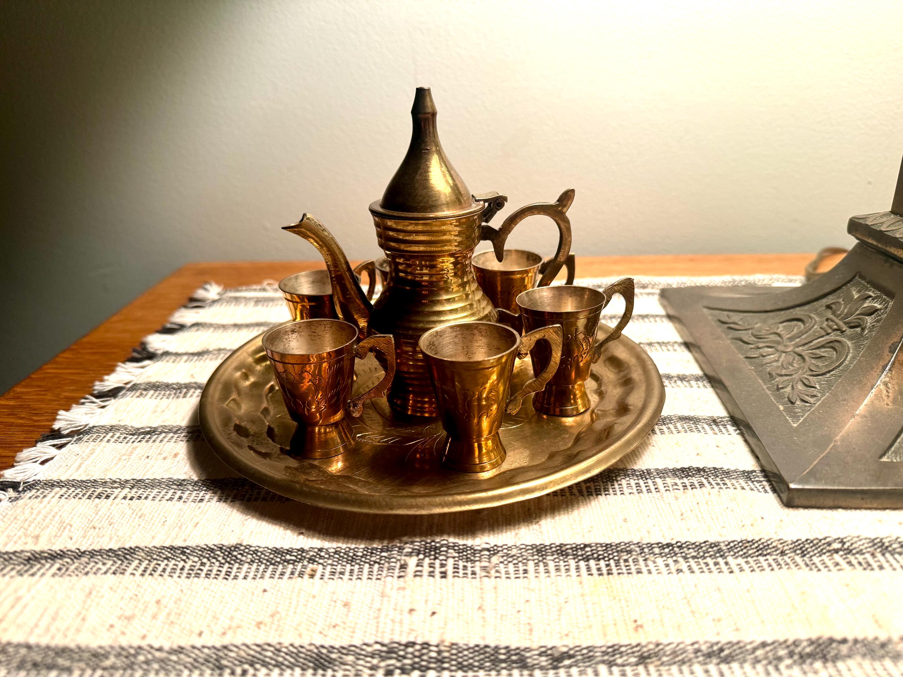 Vtg India Brass Tea Set with Tray| Engraved Brass Tea Set| Small India Wine Serving Set| Turkish Brass Coffee Set | Middle Eastern Decor