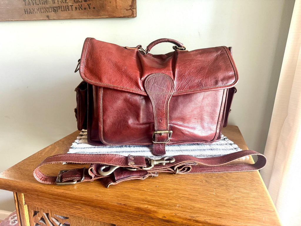 Vtg Genuine Leather Briefcase | Burgundy Colored Leather Messenger Bag | Unisex Shoulder Bag | Cross Body Travel Bag| Rustic Leather Bag