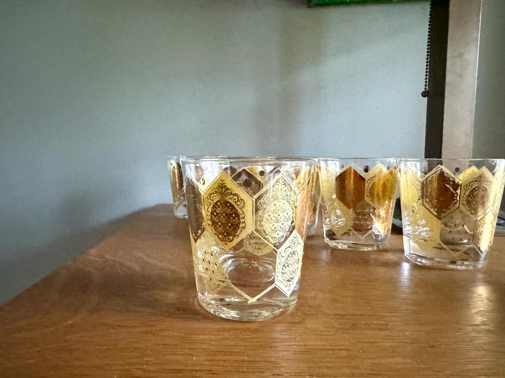 Vtg Set of 8 Cera Ned Harris Pineapple Low Ball Glasses | Cera Glass 22k Gold Pineapple Glasses | Double Old Fashion Pineapple Glasses