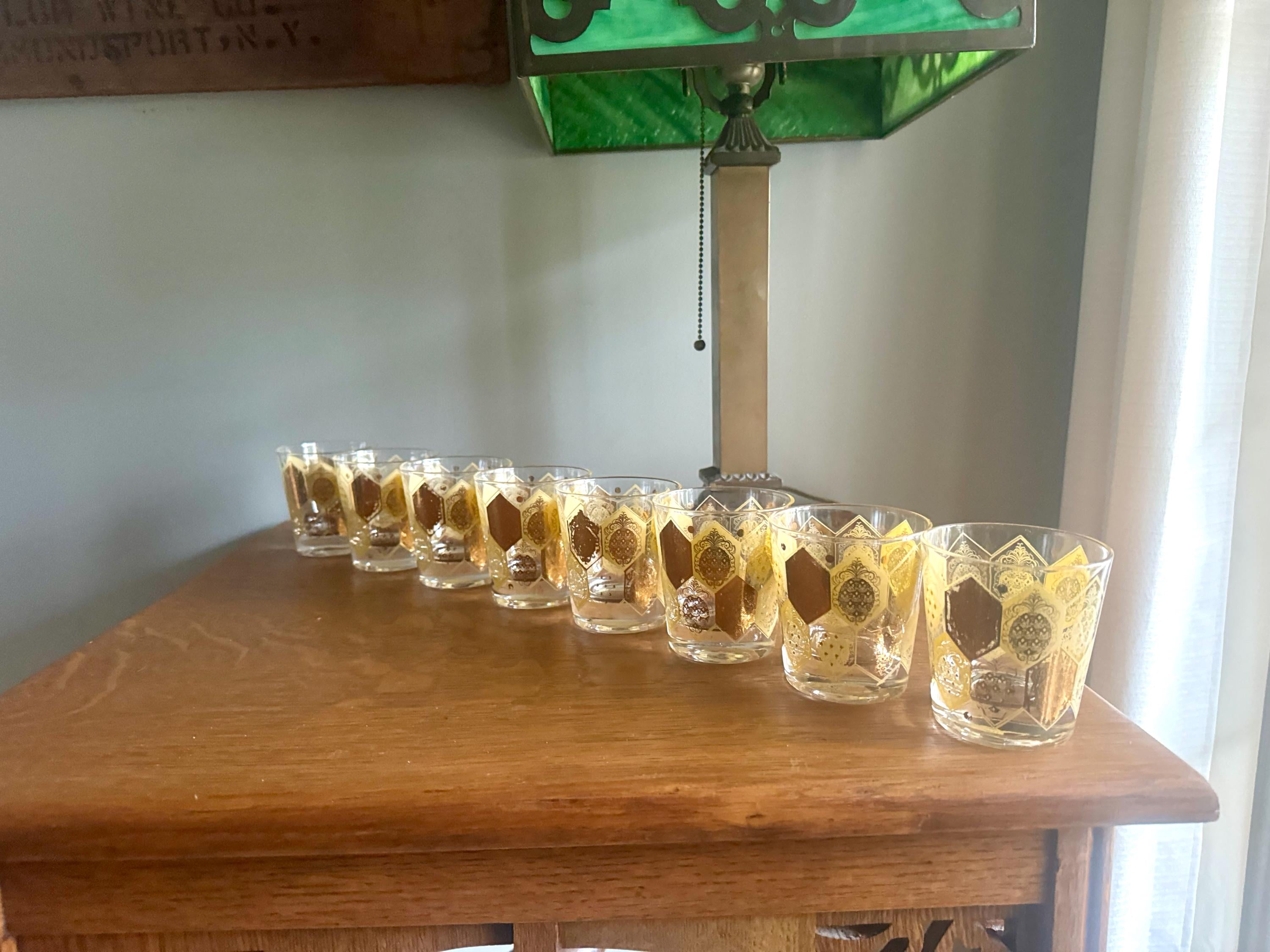 Vtg Set of 8 Cera Ned Harris Pineapple Low Ball Glasses | Cera Glass 22k Gold Pineapple Glasses | Double Old Fashion Pineapple Glasses
