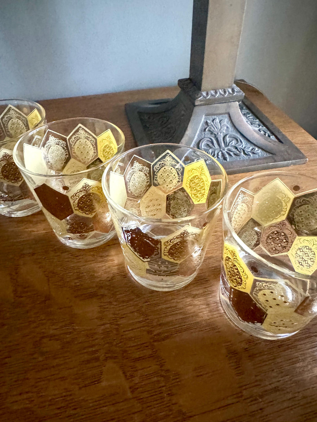 Vtg Set of 8 Cera Ned Harris Pineapple Low Ball Glasses | Cera Glass 22k Gold Pineapple Glasses | Double Old Fashion Pineapple Glasses
