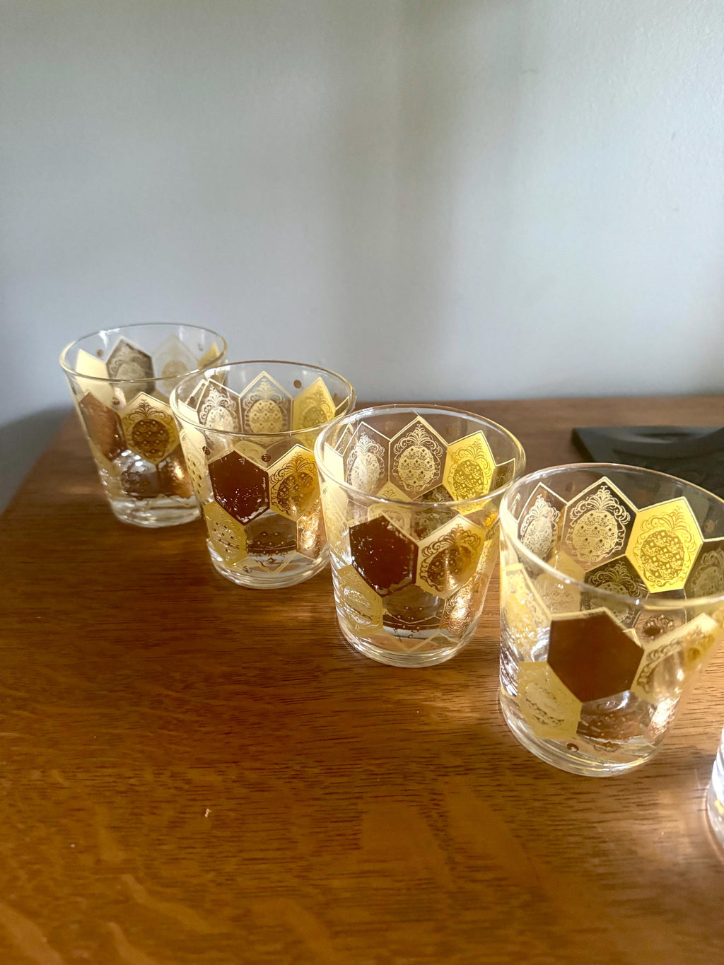 Vtg Set of 8 Cera Ned Harris Pineapple Low Ball Glasses | Cera Glass 22k Gold Pineapple Glasses | Double Old Fashion Pineapple Glasses