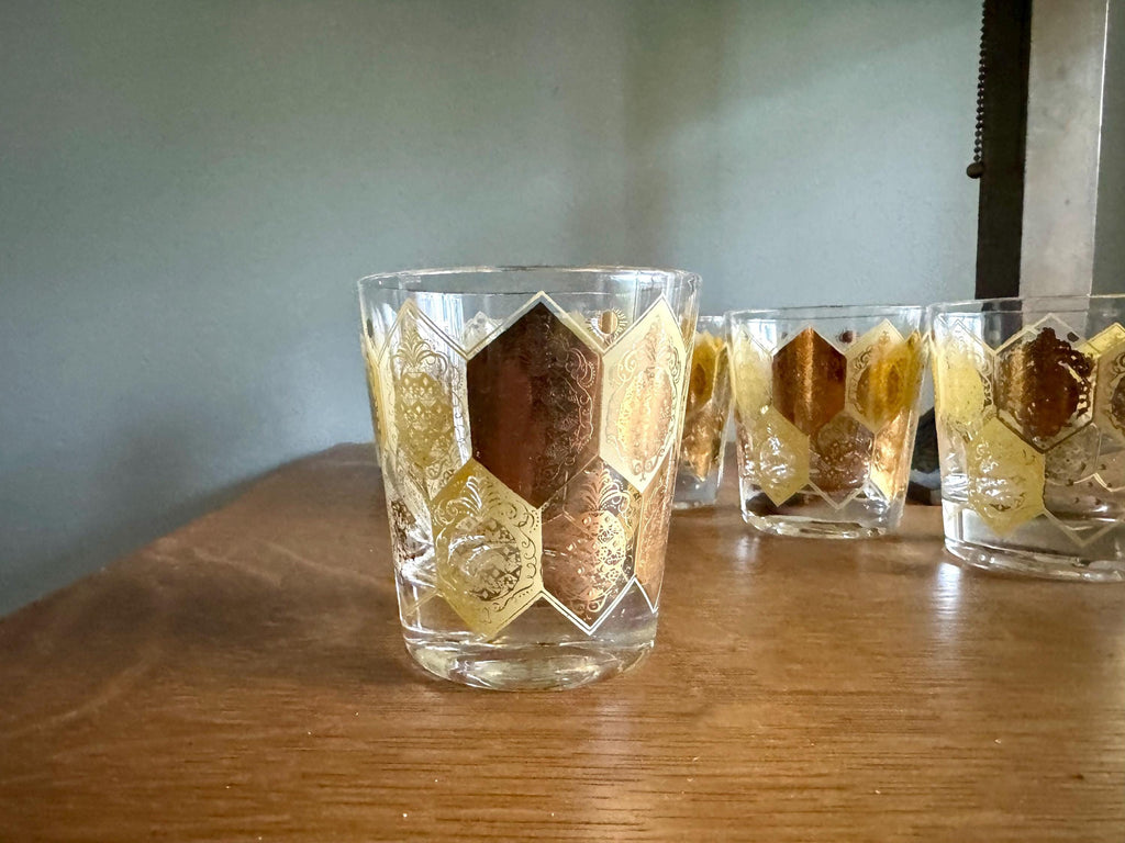 Vtg Set of 8 Cera Ned Harris Pineapple Low Ball Glasses | Cera Glass 22k Gold Pineapple Glasses | Double Old Fashion Pineapple Glasses
