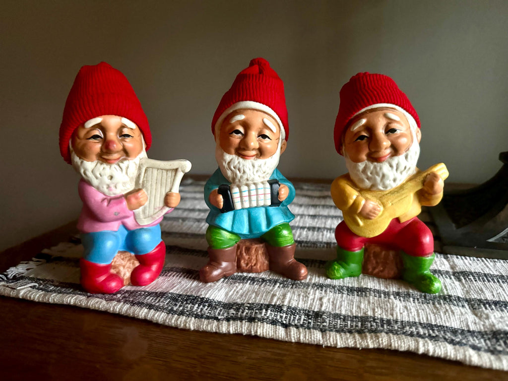 Vtg Set of 3 Korean Ceramic Musical Gnomes | Bearded Musical Gnomes With Knit Hats | Musician Gnomes Figurines | Made in Korea