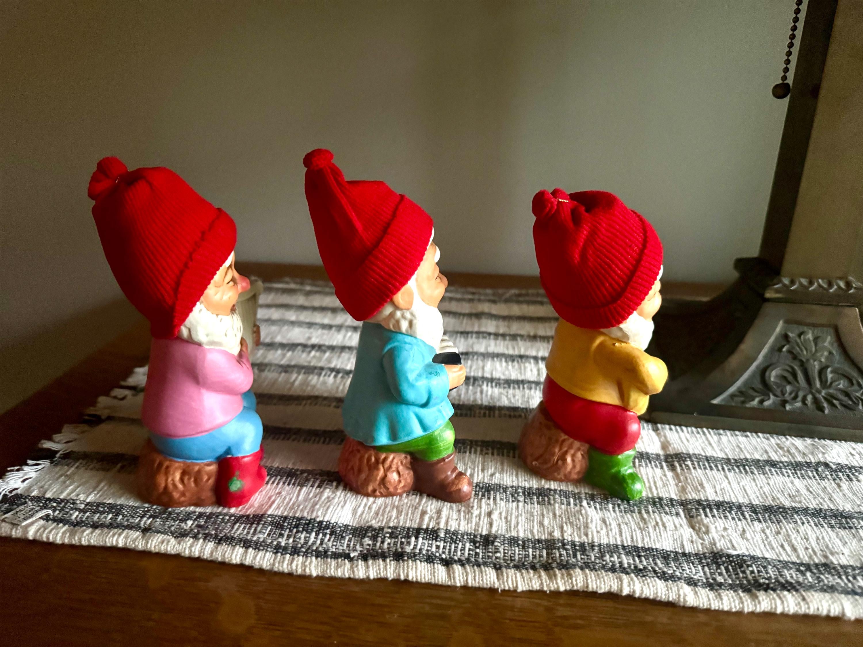 Vtg Set of 3 Korean Ceramic Musical Gnomes | Bearded Musical Gnomes With Knit Hats | Musician Gnomes Figurines | Made in Korea