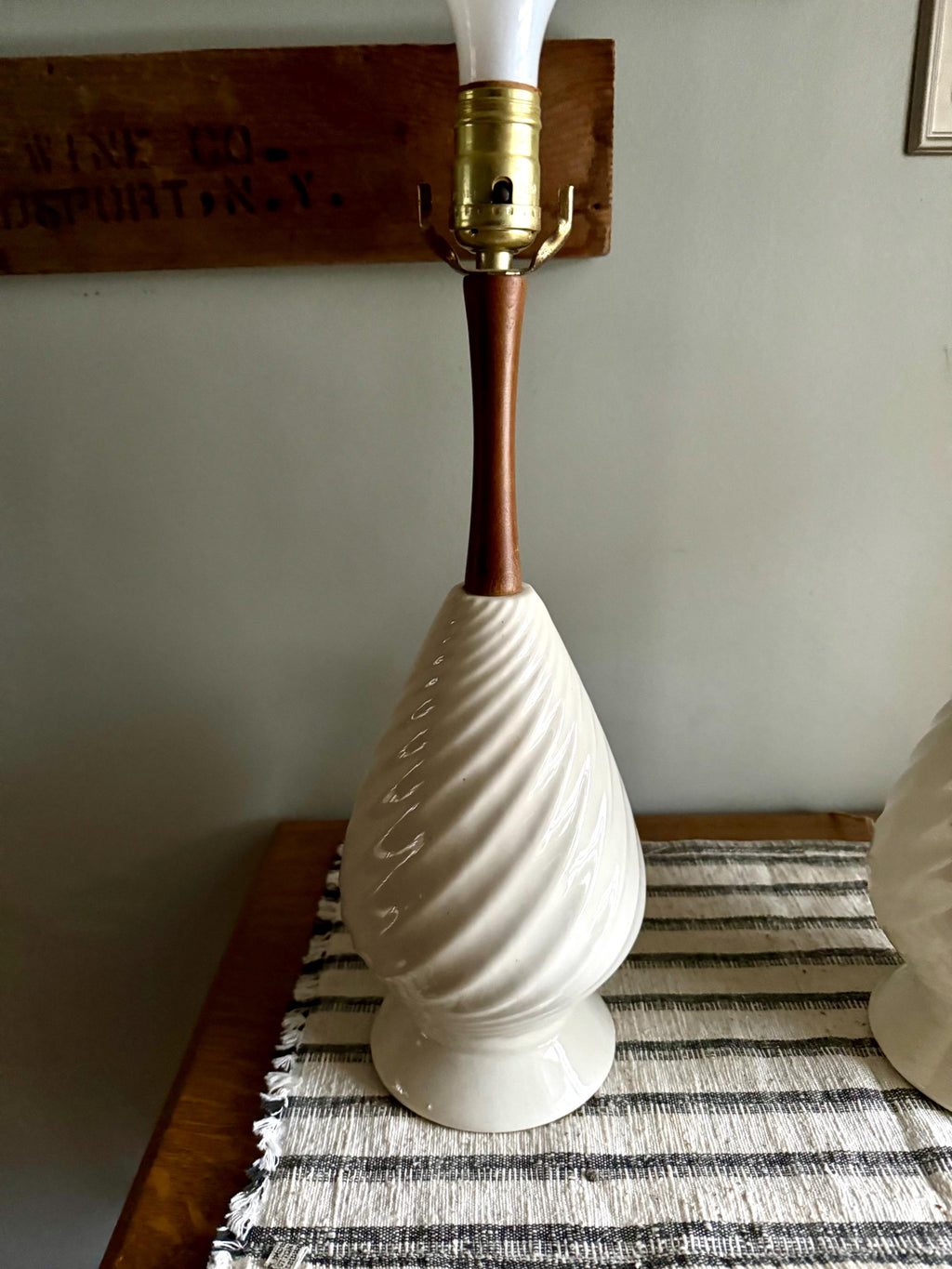A Pair of Mid Century White Ceramic Lamps | Matching MCM Ceramic and Teak Lamps | White Coiled Ribbed Ceramic and Teak Table Lamps
