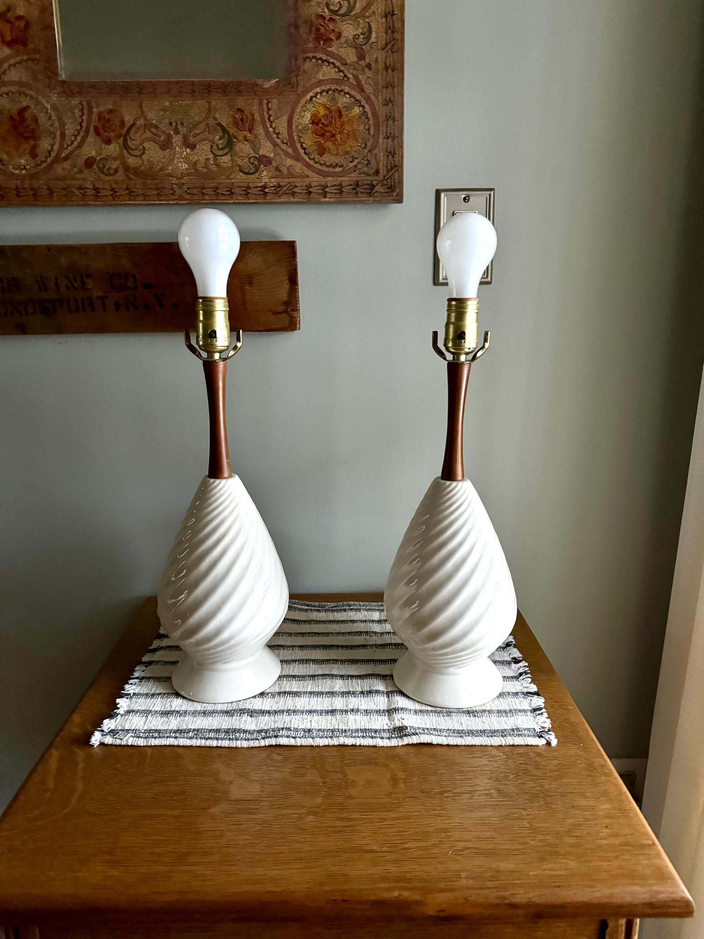 A Pair of Mid Century White Ceramic Lamps | Matching MCM Ceramic and Teak Lamps | White Coiled Ribbed Ceramic and Teak Table Lamps