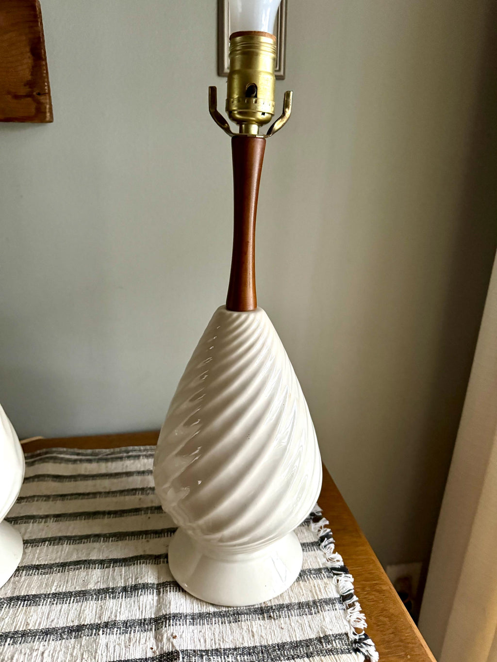 A Pair of Mid Century White Ceramic Lamps | Matching MCM Ceramic and Teak Lamps | White Coiled Ribbed Ceramic and Teak Table Lamps