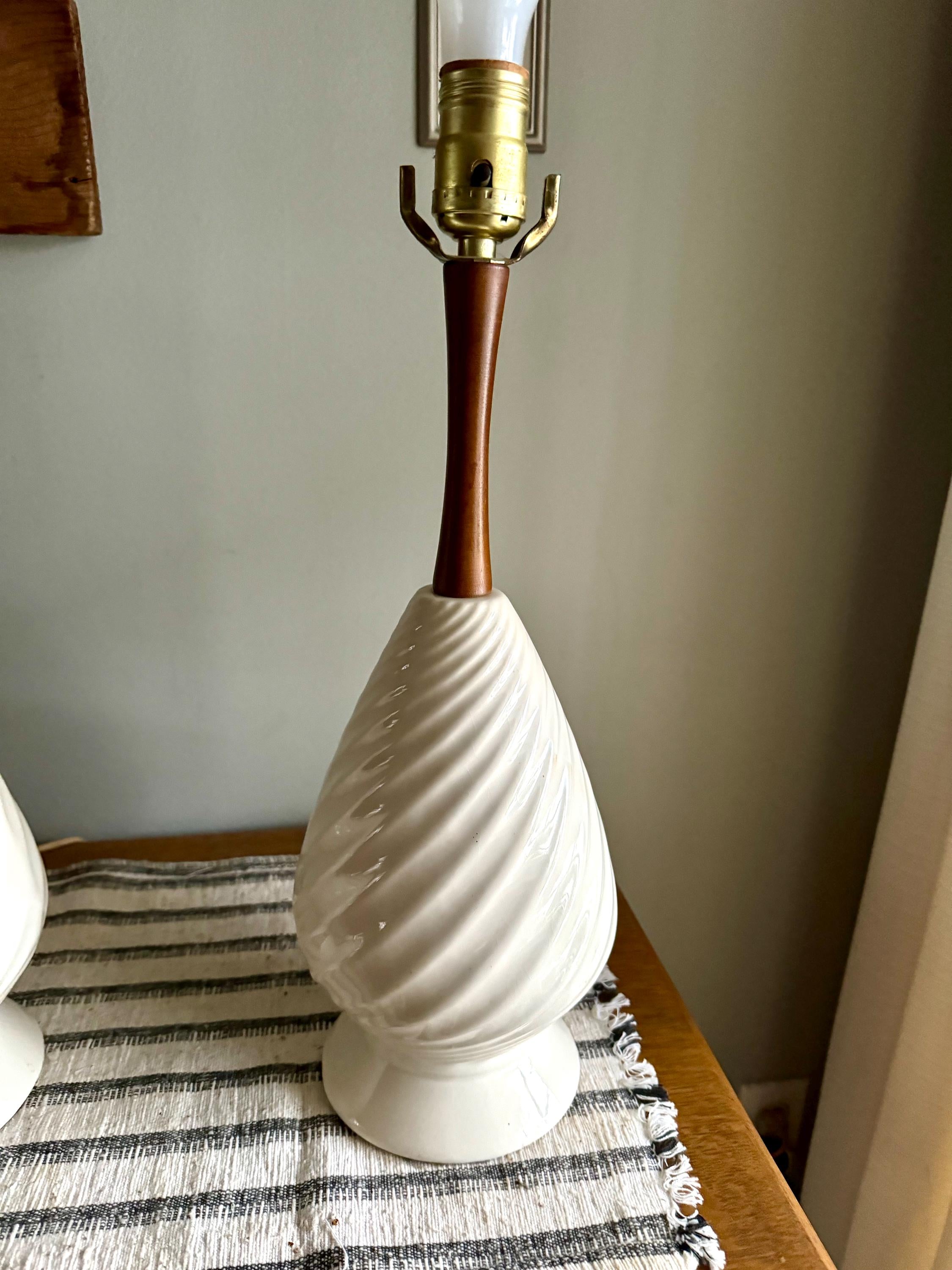 A Pair of Mid Century White Ceramic Lamps | Matching MCM Ceramic and Teak Lamps | White Coiled Ribbed Ceramic and Teak Table Lamps