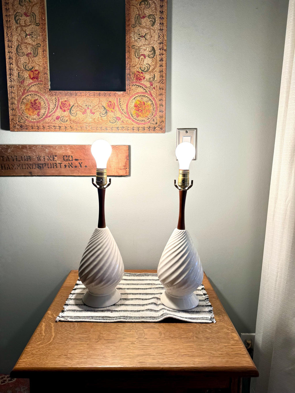 A Pair of Mid Century White Ceramic Lamps | Matching MCM Ceramic and Teak Lamps | White Coiled Ribbed Ceramic and Teak Table Lamps