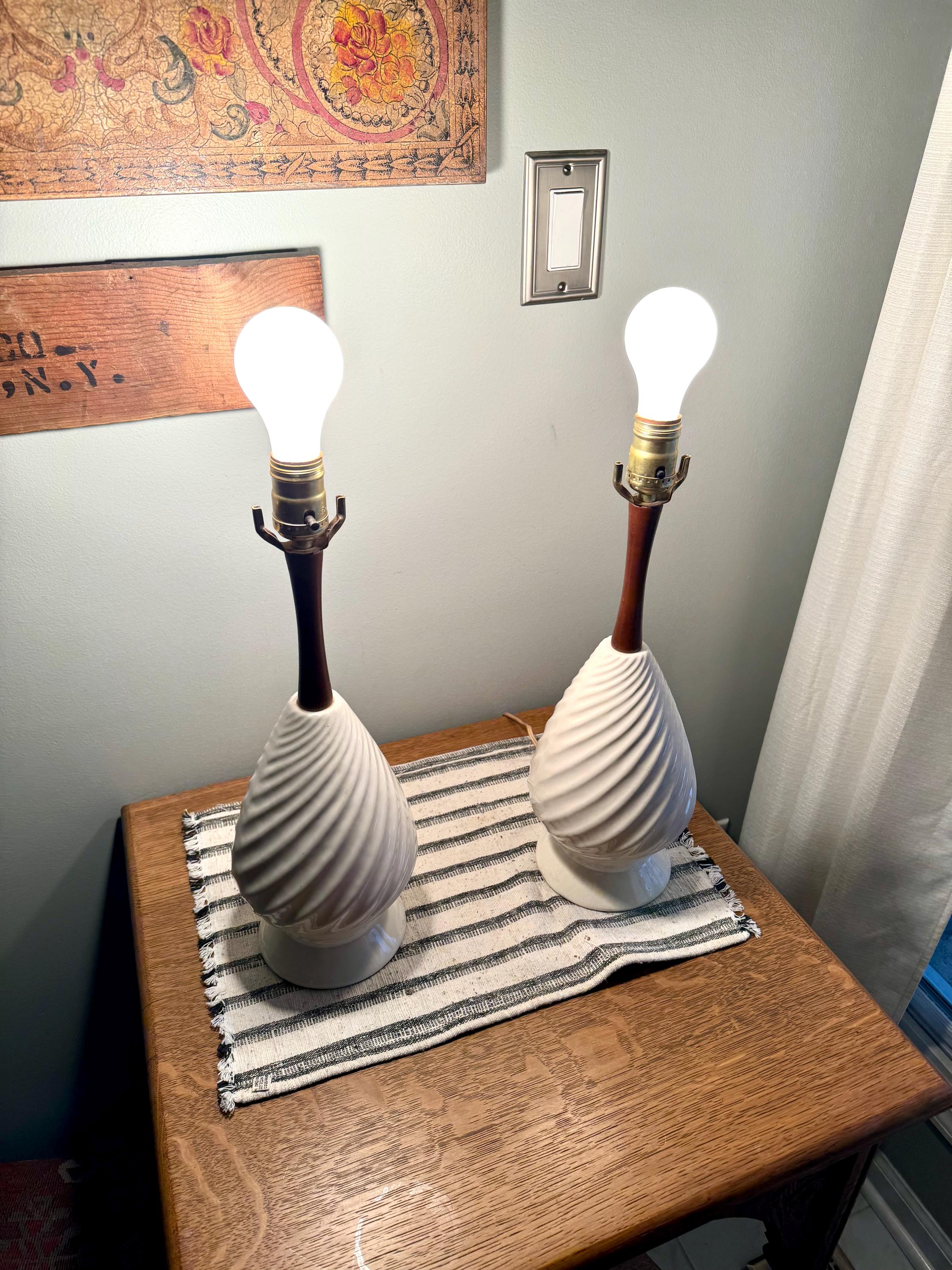 A Pair of Mid Century White Ceramic Lamps | Matching MCM Ceramic and Teak Lamps | White Coiled Ribbed Ceramic and Teak Table Lamps