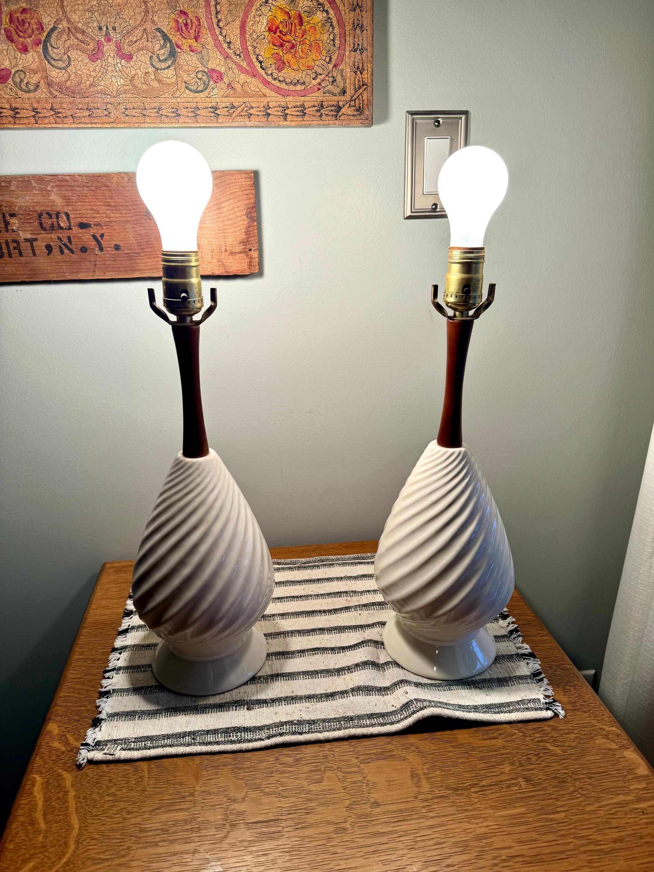 A Pair of Mid Century White Ceramic Lamps | Matching MCM Ceramic and Teak Lamps | White Coiled Ribbed Ceramic and Teak Table Lamps
