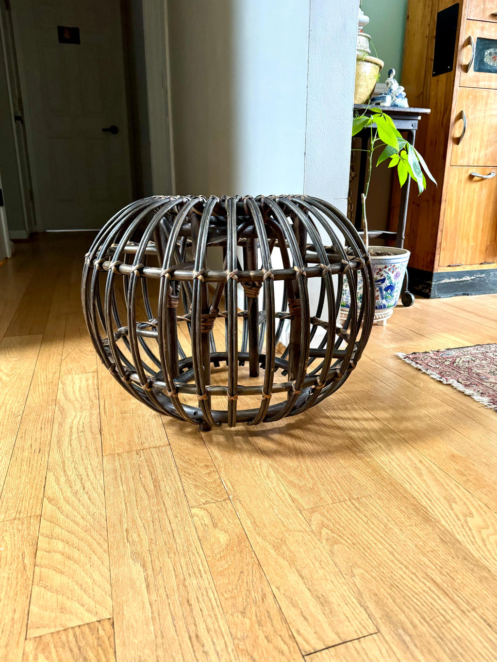 Vintage Franco Albini Style Wicker Ottoman | Albini Style Rattan End Table | MCM Boho Rattan Ottoman | Stained Bamboo Round End Table