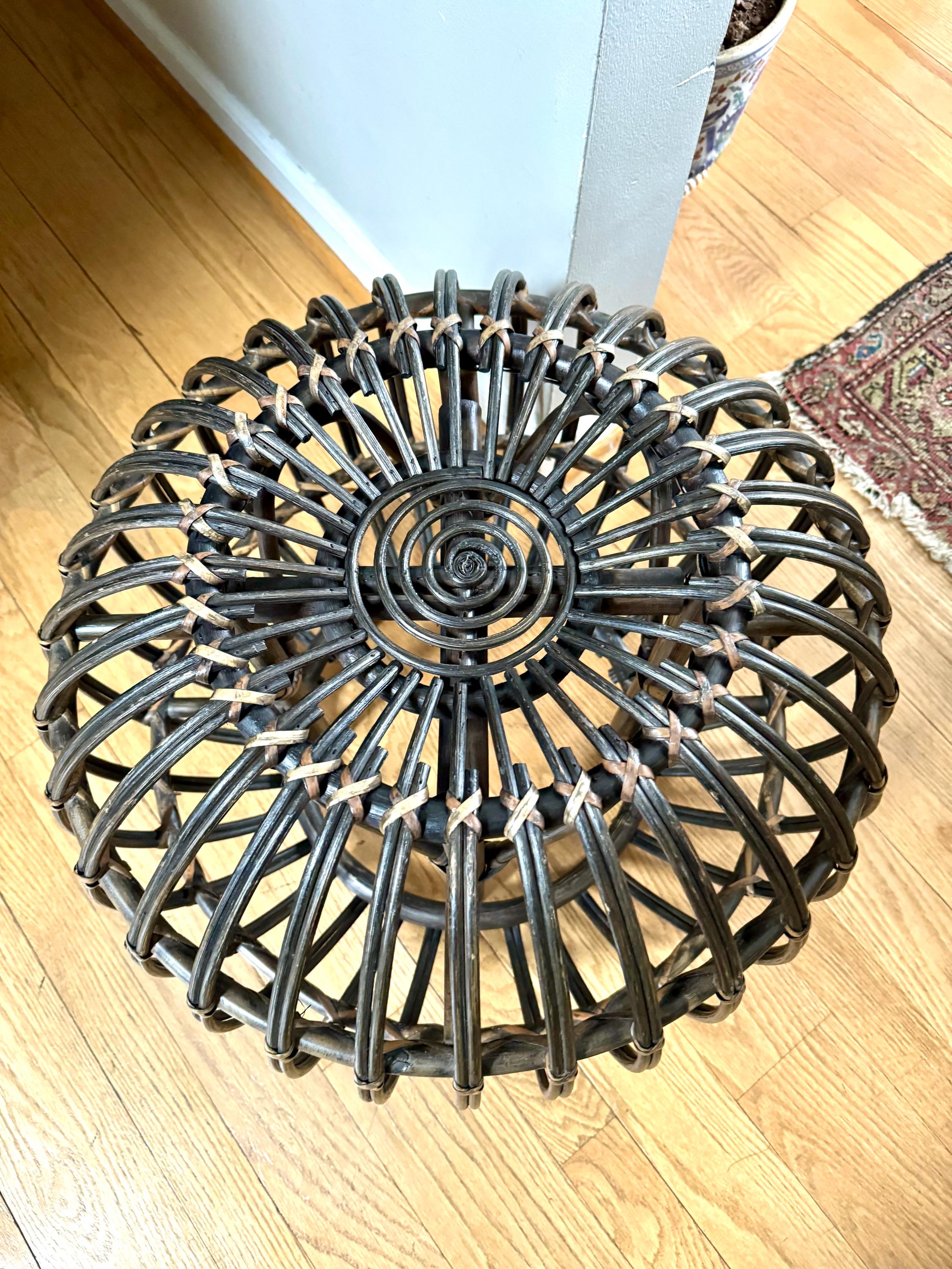 Vintage Franco Albini Style Wicker Ottoman | Albini Style Rattan End Table | MCM Boho Rattan Ottoman | Stained Bamboo Round End Table