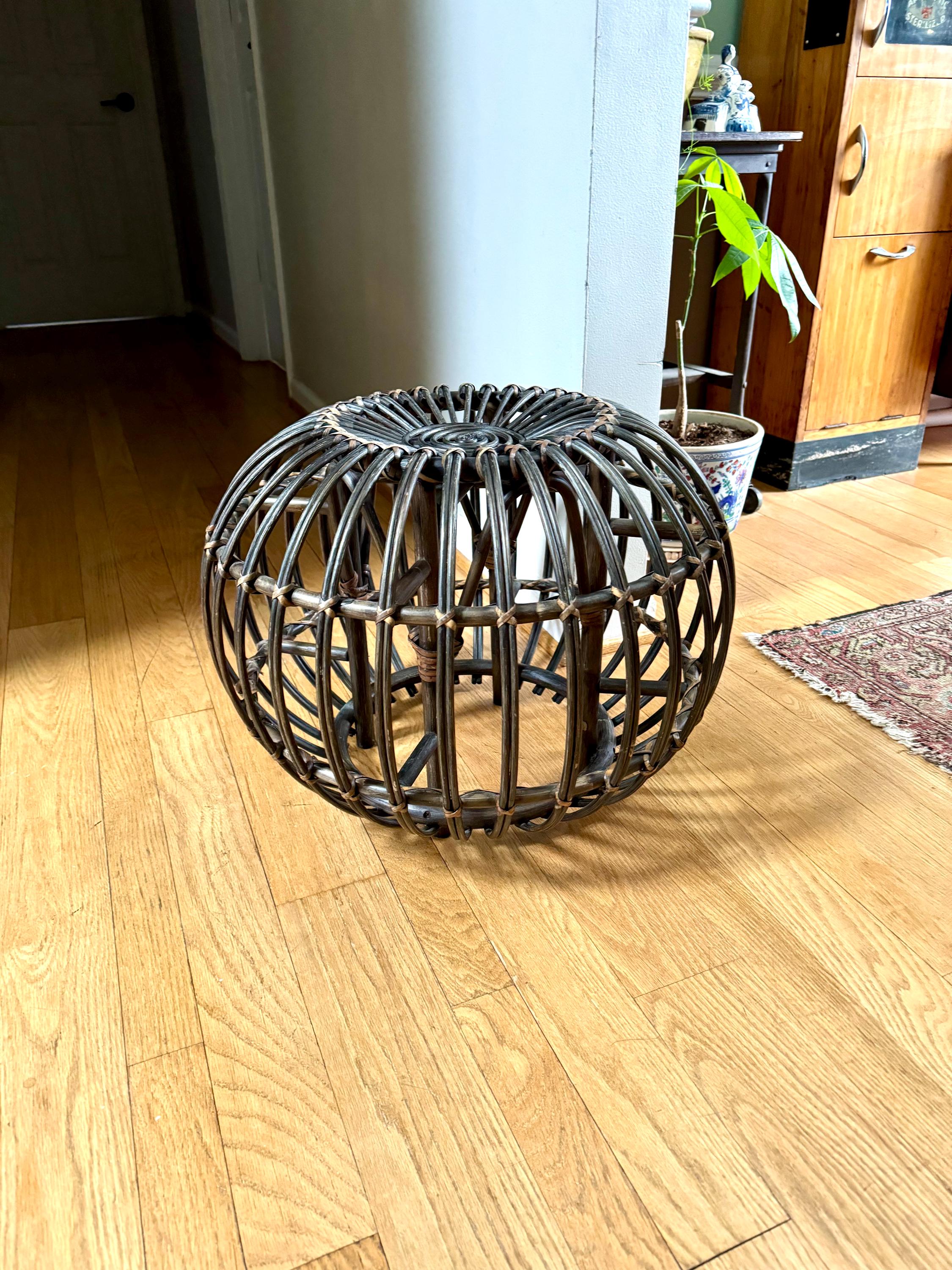 Vintage Franco Albini Style Wicker Ottoman | Albini Style Rattan End Table | MCM Boho Rattan Ottoman | Stained Bamboo Round End Table