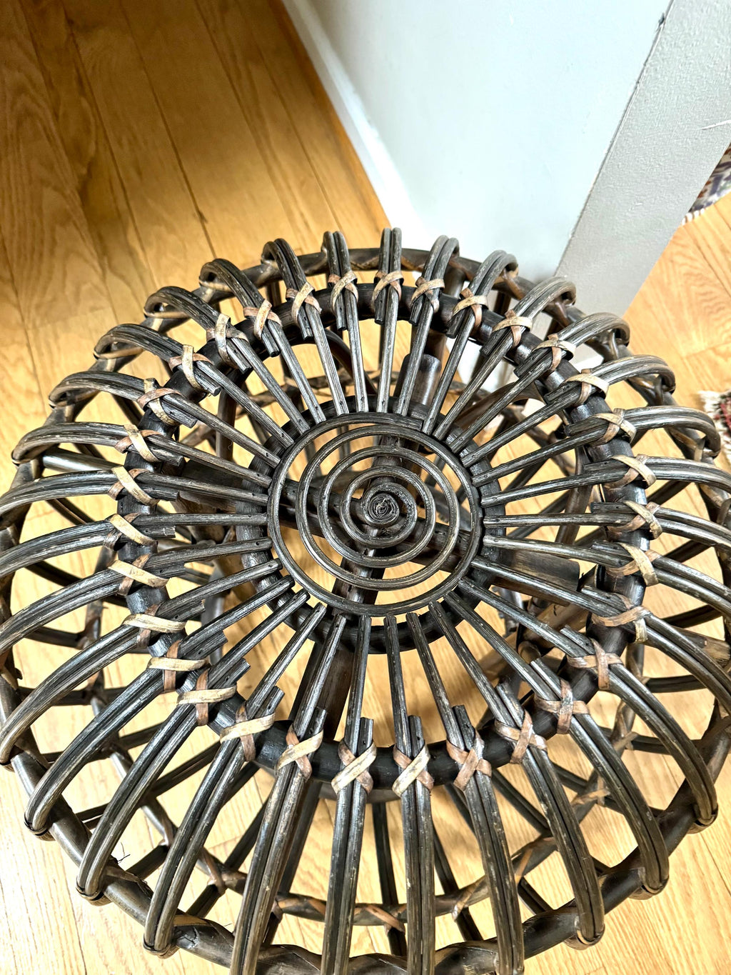 Vintage Franco Albini Style Wicker Ottoman | Albini Style Rattan End Table | MCM Boho Rattan Ottoman | Stained Bamboo Round End Table