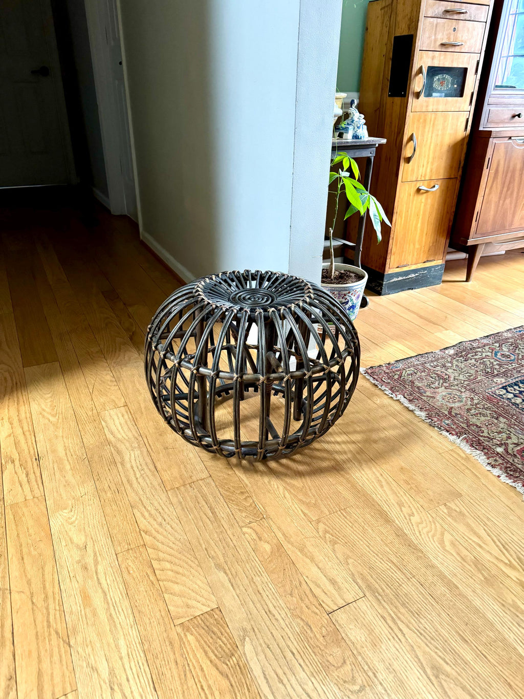 Vintage Franco Albini Style Wicker Ottoman | Albini Style Rattan End Table | MCM Boho Rattan Ottoman | Stained Bamboo Round End Table