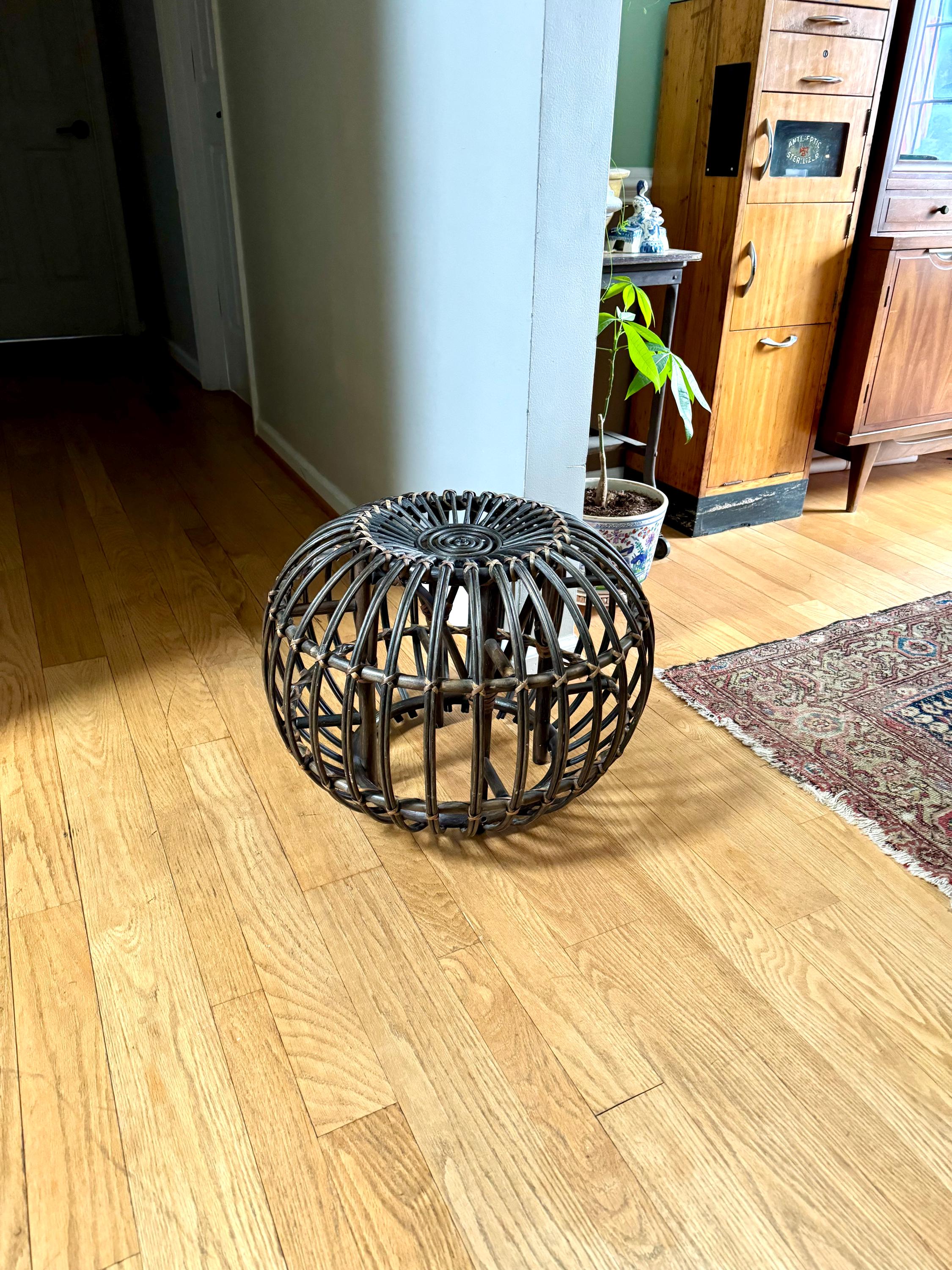 Vintage Franco Albini Style Wicker Ottoman | Albini Style Rattan End Table | MCM Boho Rattan Ottoman | Stained Bamboo Round End Table