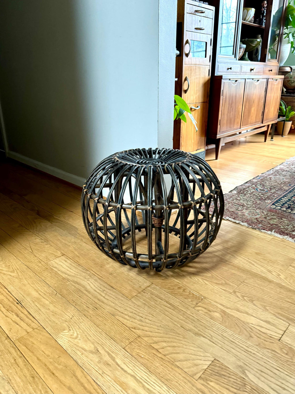 Vintage Franco Albini Style Wicker Ottoman | Albini Style Rattan End Table | MCM Boho Rattan Ottoman | Stained Bamboo Round End Table
