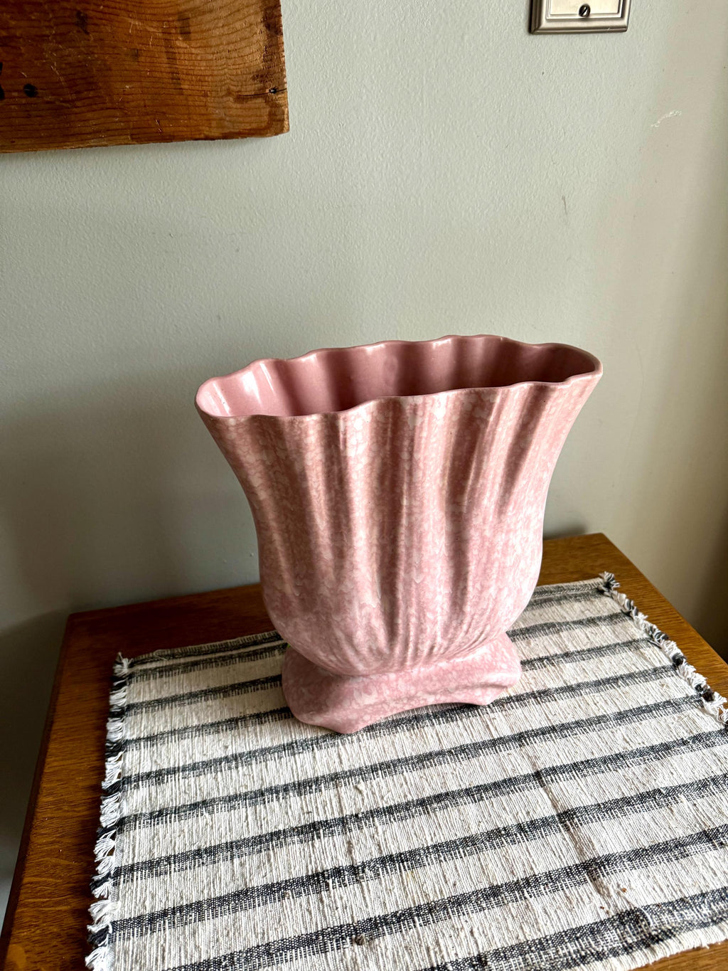 Large Pink Art Deco Ceramic Vase | White and Pink Speckled Vase | Large Wide Opening Ceramic Vessel