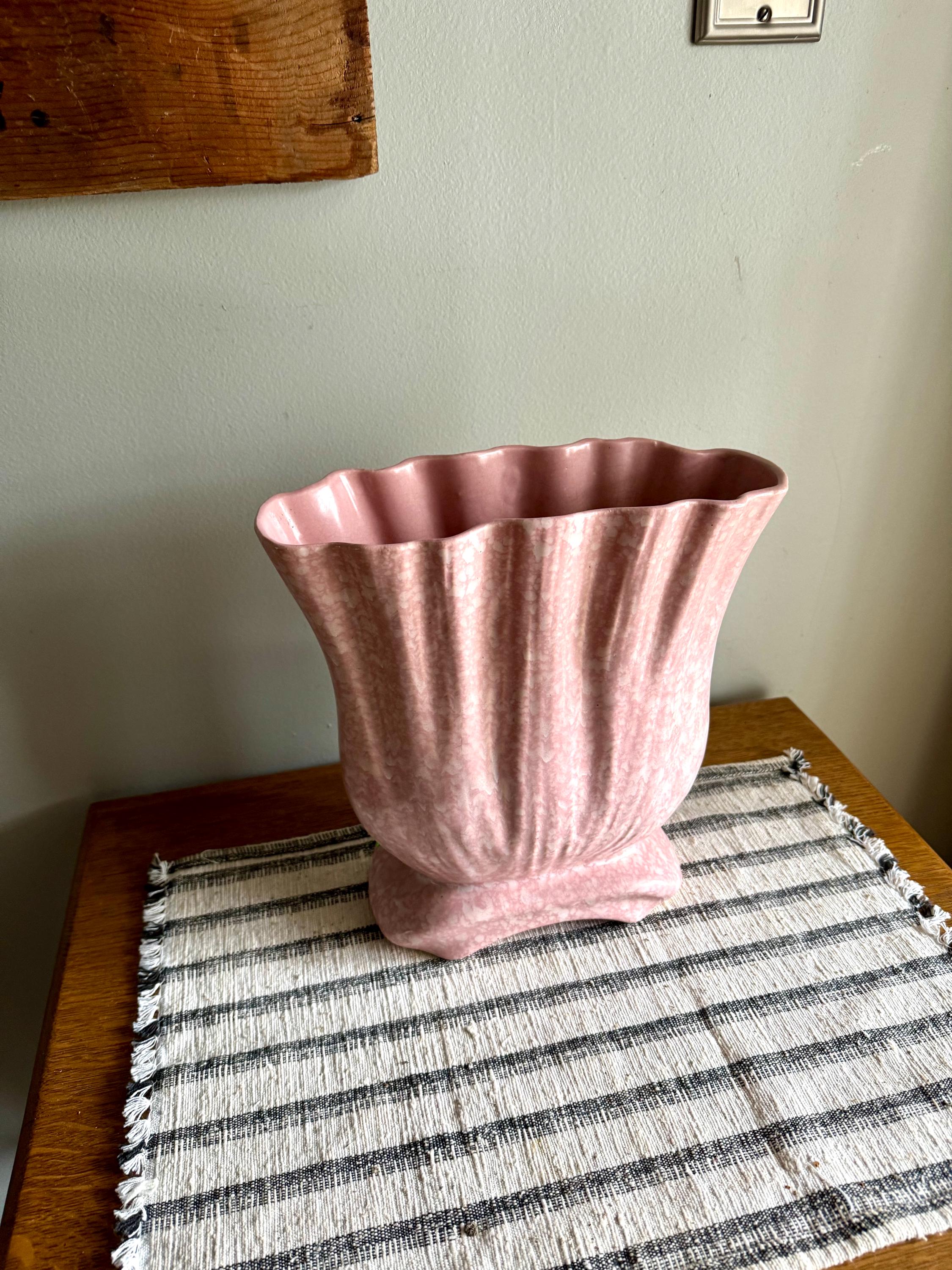 Large Pink Art Deco Ceramic Vase | White and Pink Speckled Vase | Large Wide Opening Ceramic Vessel