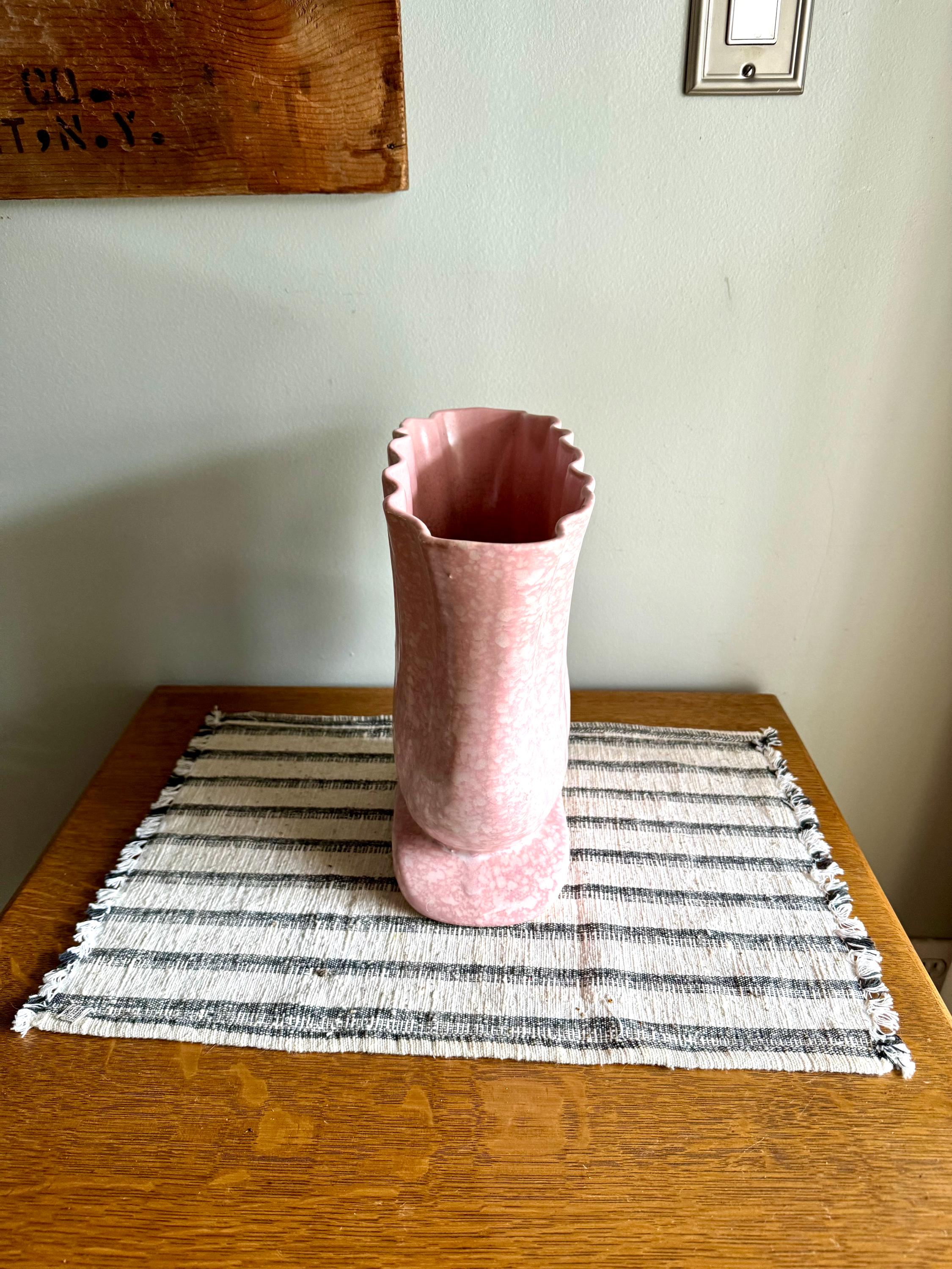 Large Pink Art Deco Ceramic Vase | White and Pink Speckled Vase | Large Wide Opening Ceramic Vessel