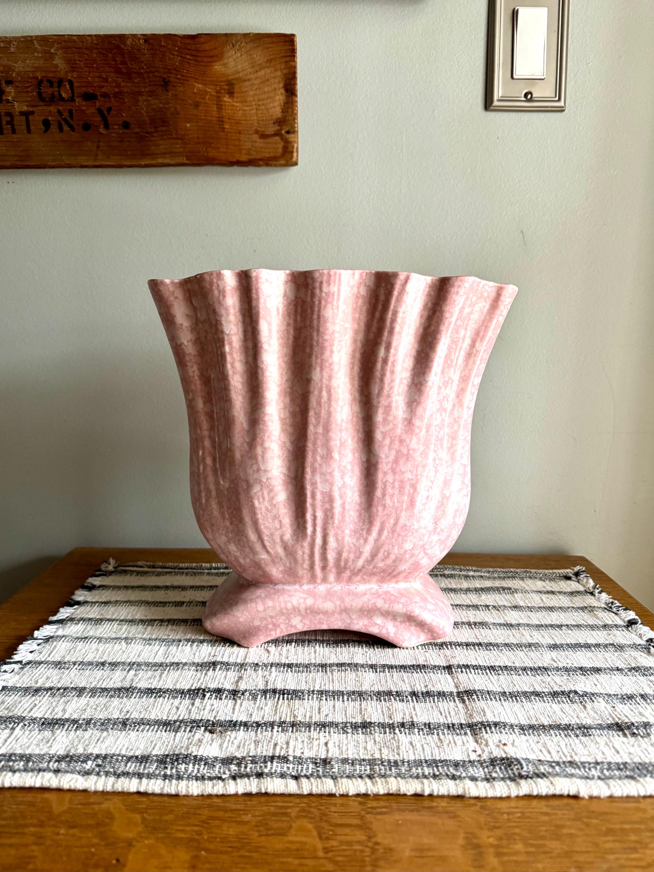 Large Pink Art Deco Ceramic Vase | White and Pink Speckled Vase | Large Wide Opening Ceramic Vessel