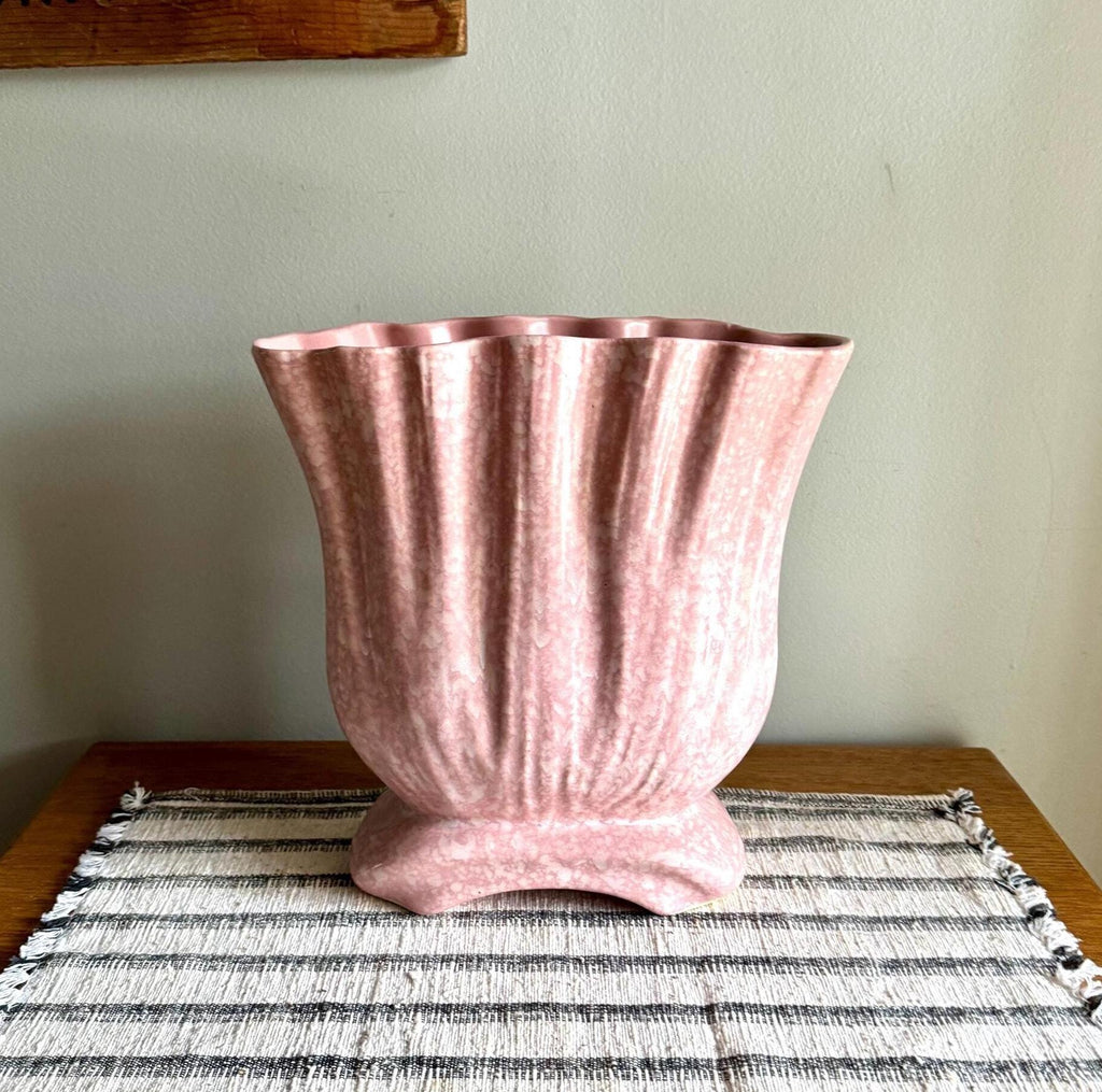Large Pink Art Deco Ceramic Vase | White and Pink Speckled Vase | Large Wide Opening Ceramic Vessel