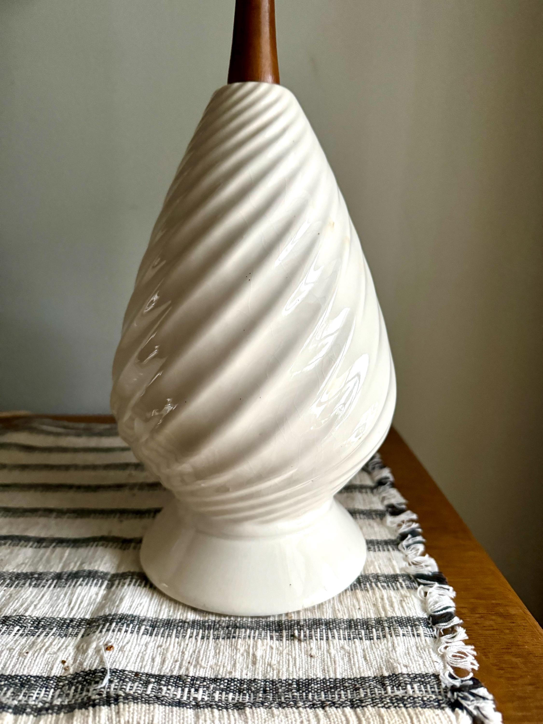 A Pair of Mid Century White Ceramic Lamps | Matching MCM Ceramic and Teak Lamps | White Coiled Ribbed Ceramic and Teak Table Lamps