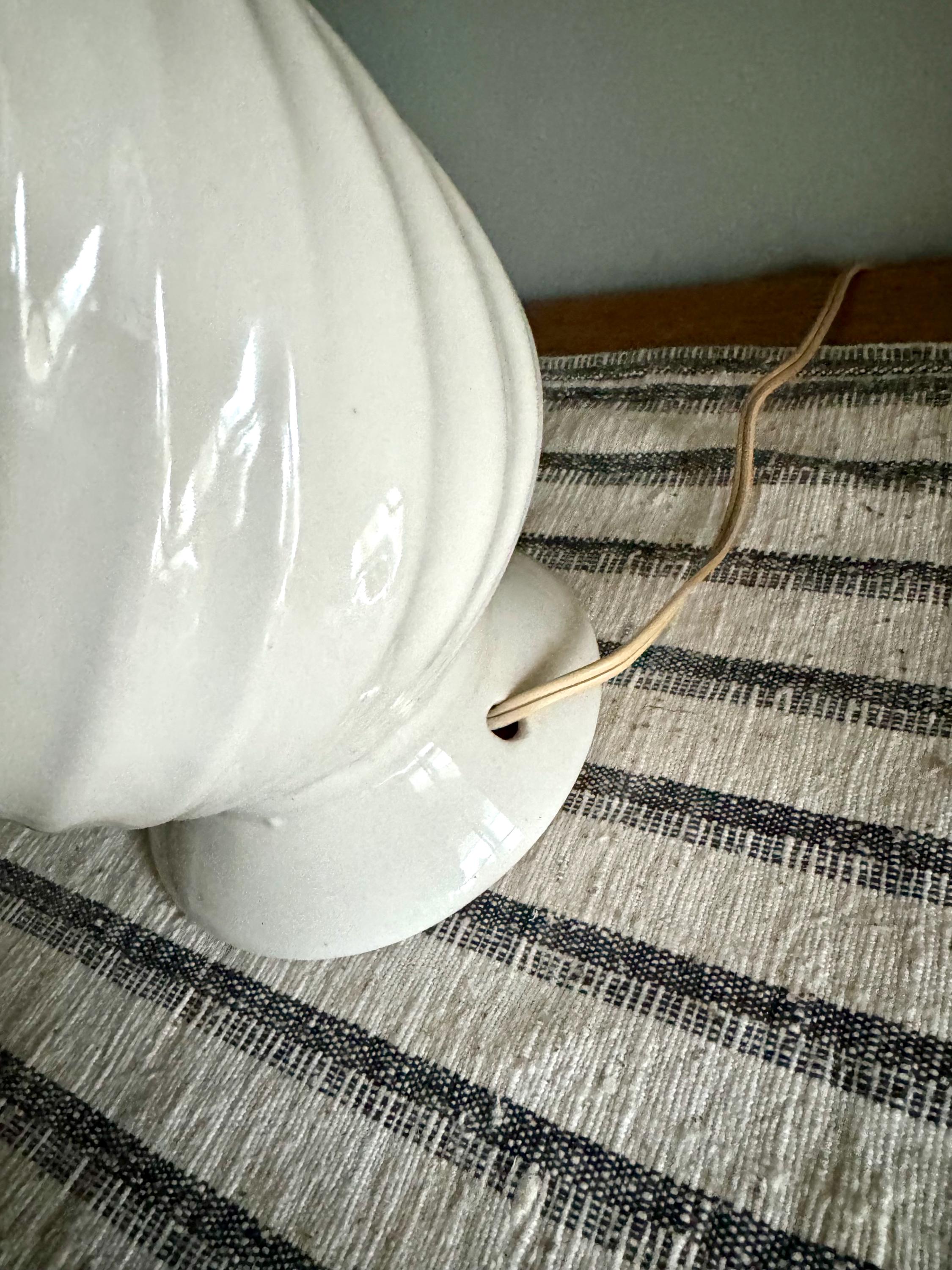 A Pair of Mid Century White Ceramic Lamps | Matching MCM Ceramic and Teak Lamps | White Coiled Ribbed Ceramic and Teak Table Lamps