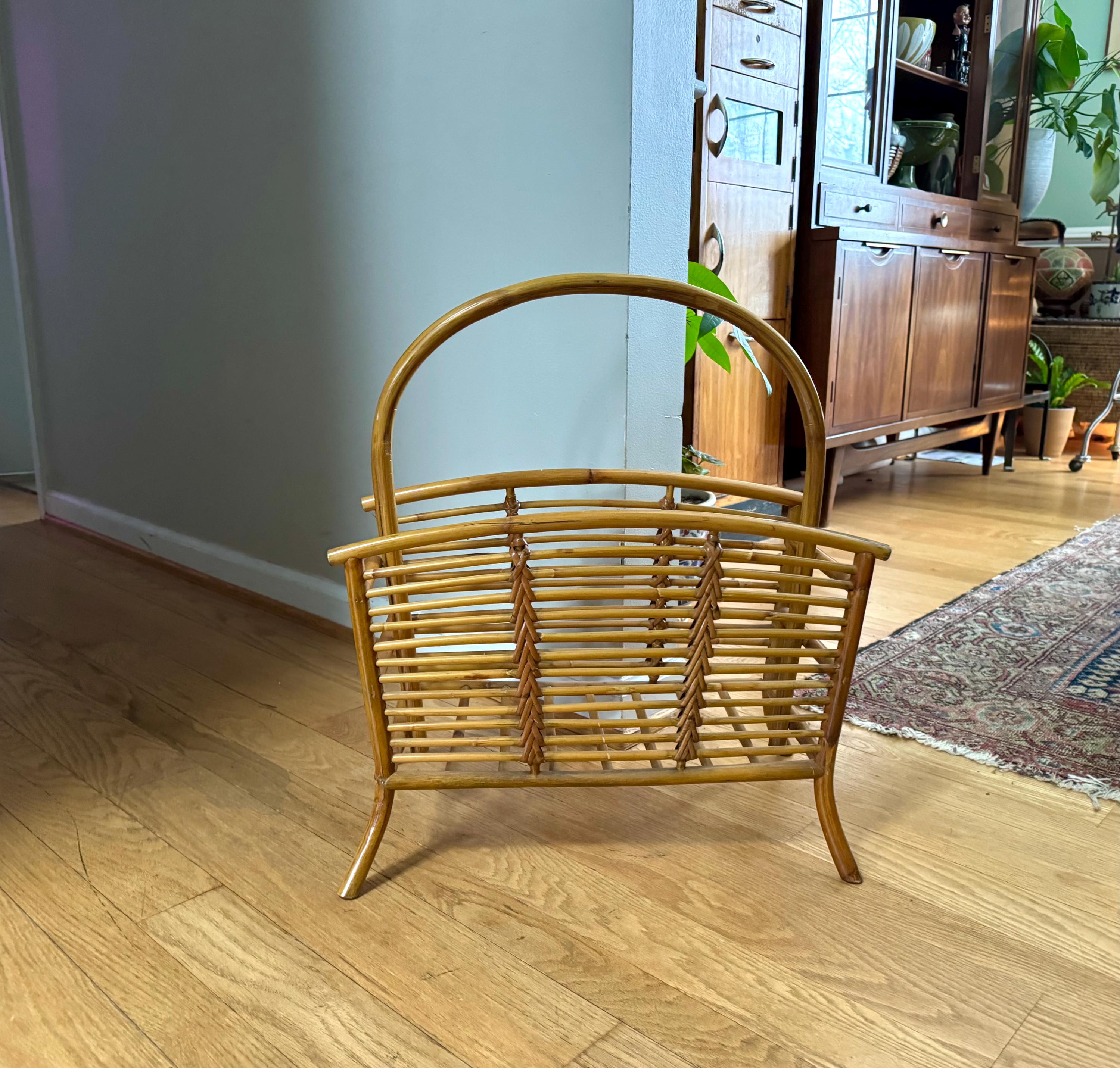 Vintage Franco Albini Style Bamboo Magazine Rack | Rattan and Bamboo Magazine Holder | Boho Magazine Stand