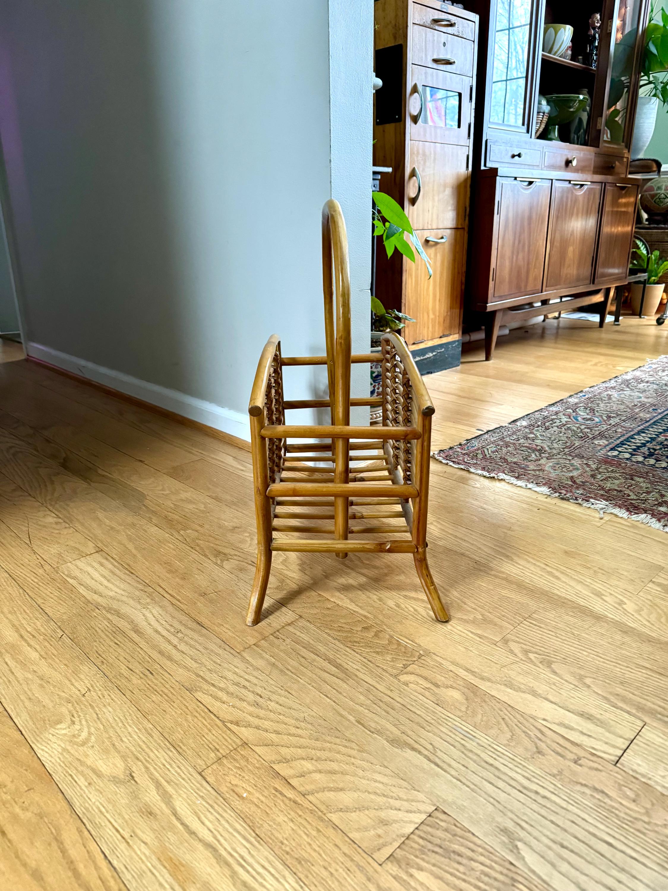 Vintage Franco Albini Style Bamboo Magazine Rack | Rattan and Bamboo Magazine Holder | Boho Magazine Stand