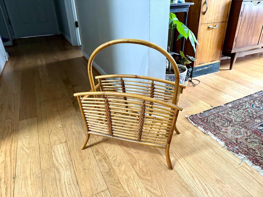 Vintage Franco Albini Style Bamboo Magazine Rack | Rattan and Bamboo Magazine Holder | Boho Magazine Stand