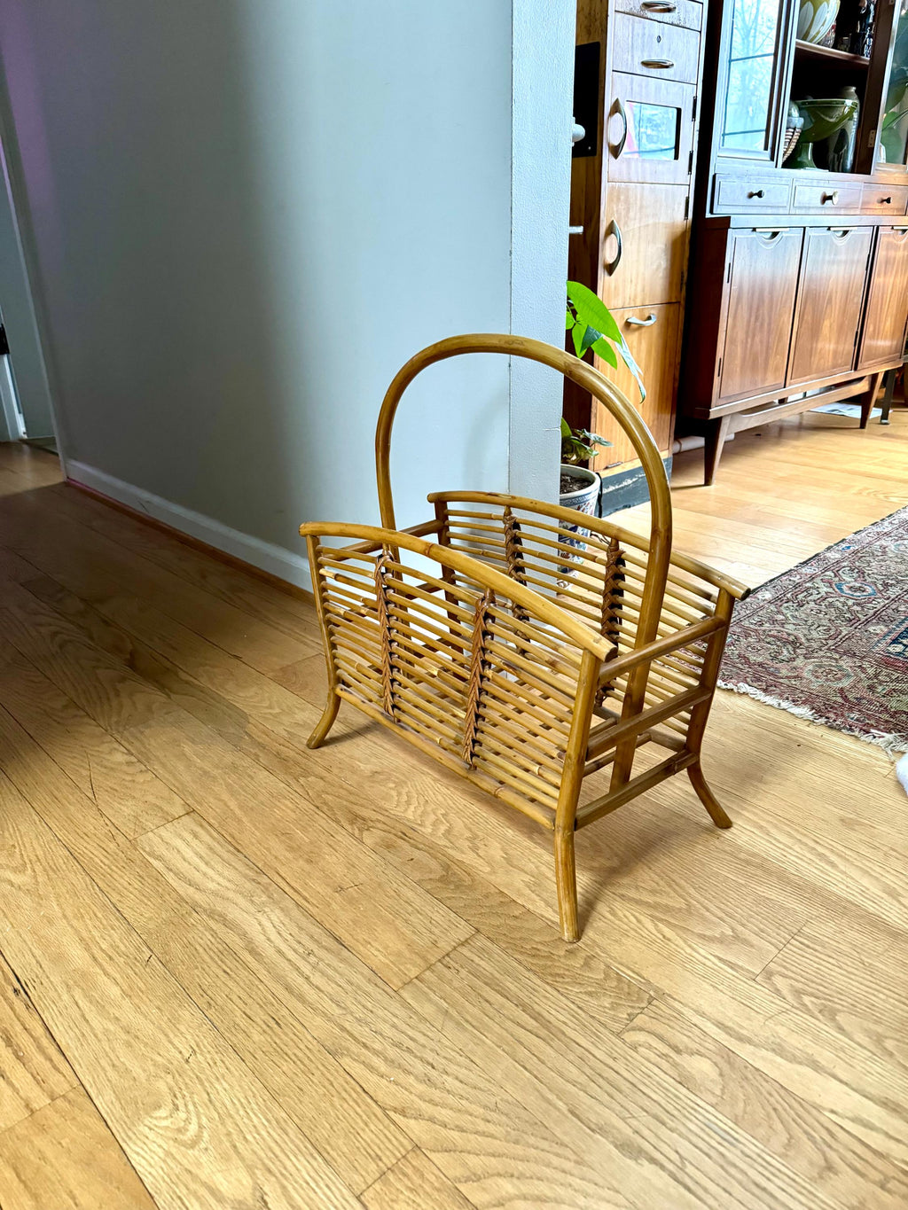Vintage Franco Albini Style Bamboo Magazine Rack | Rattan and Bamboo Magazine Holder | Boho Magazine Stand