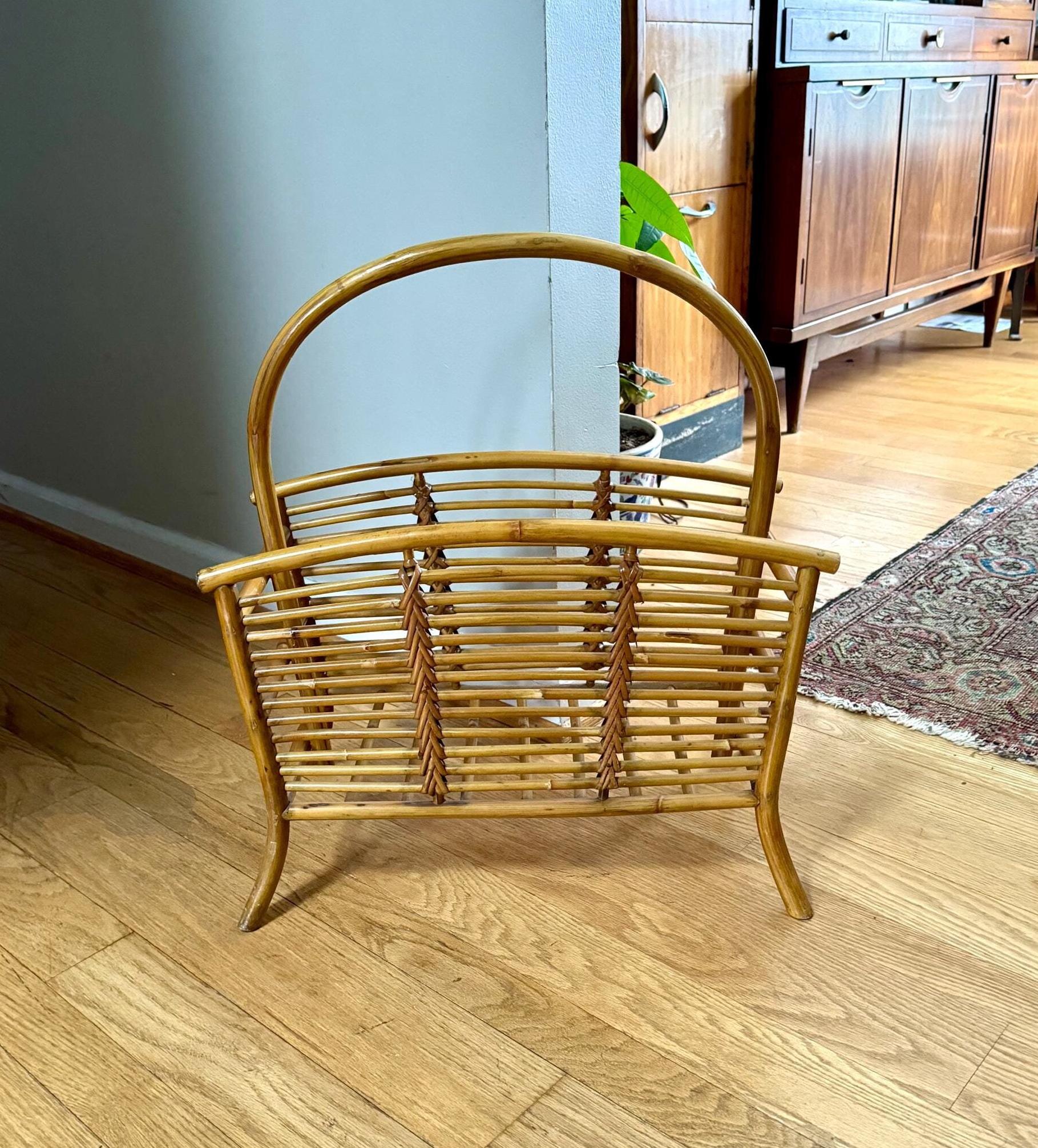Vintage Franco Albini Style Bamboo Magazine Rack | Rattan and Bamboo Magazine Holder | Boho Magazine Stand