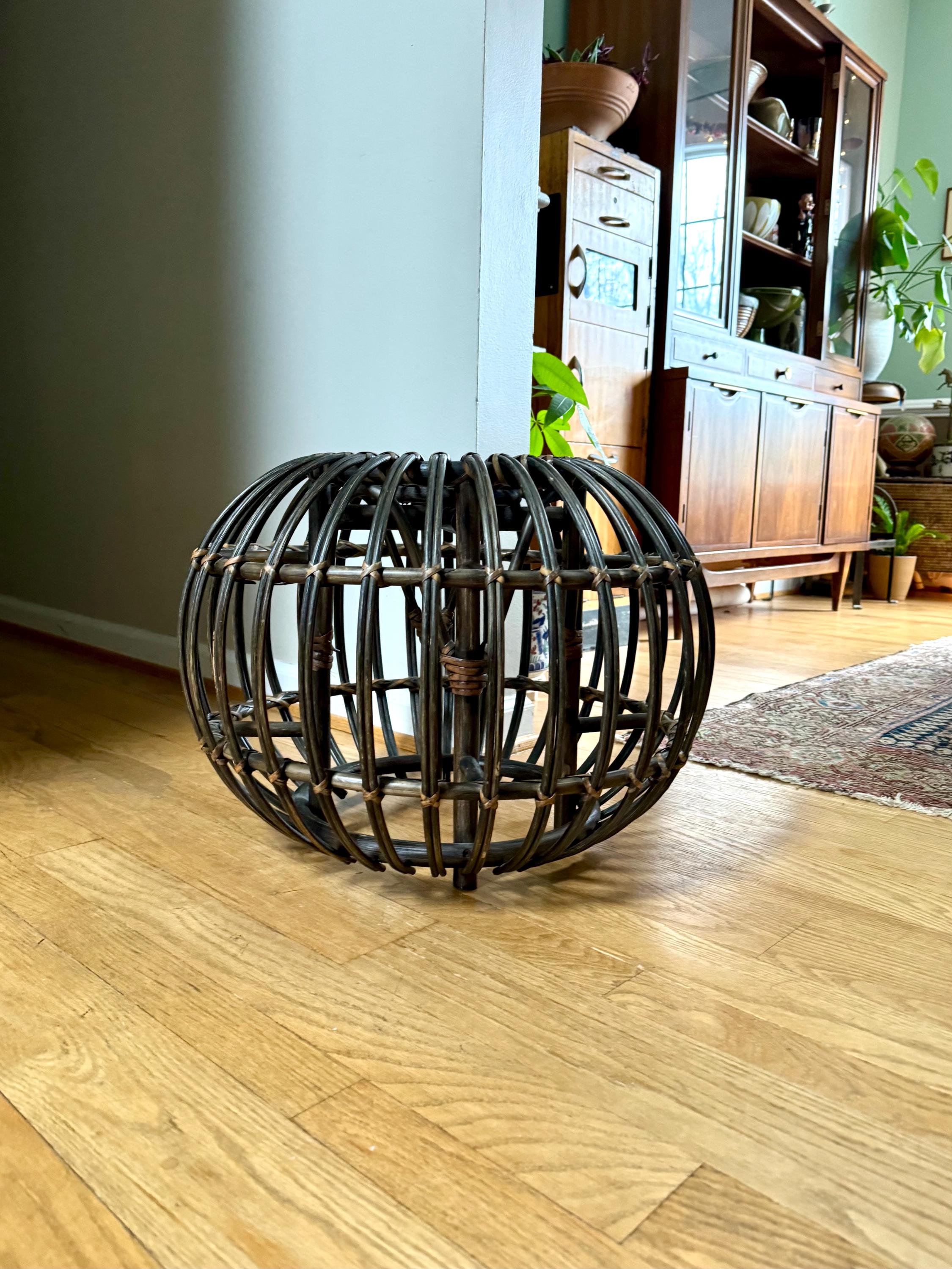 Vintage Franco Albini Style Wicker Ottoman | Albini Style Rattan End Table | MCM Boho Rattan Ottoman | Stained Bamboo Round End Table