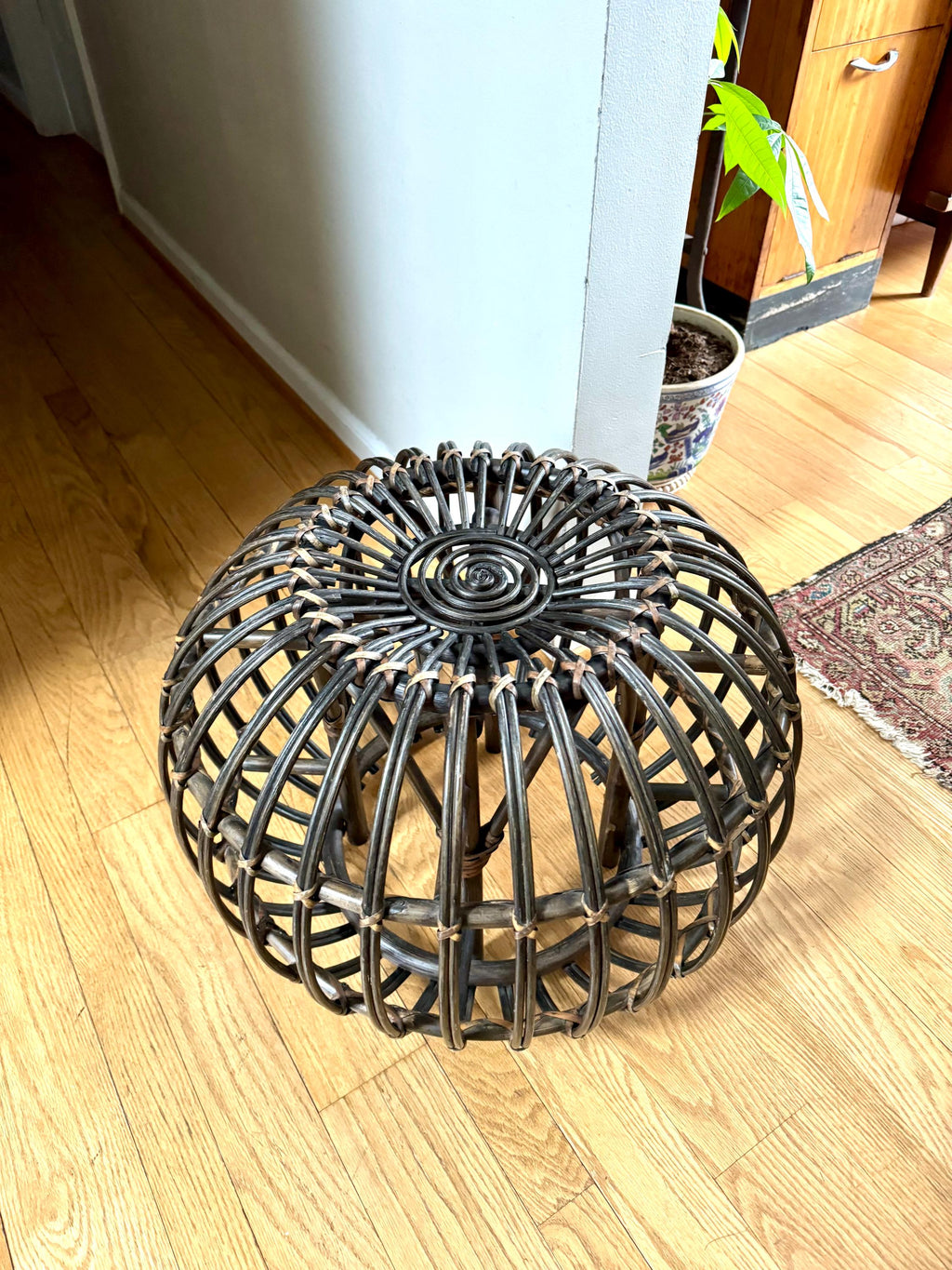 Vintage Franco Albini Style Wicker Ottoman | Albini Style Rattan End Table | MCM Boho Rattan Ottoman | Stained Bamboo Round End Table