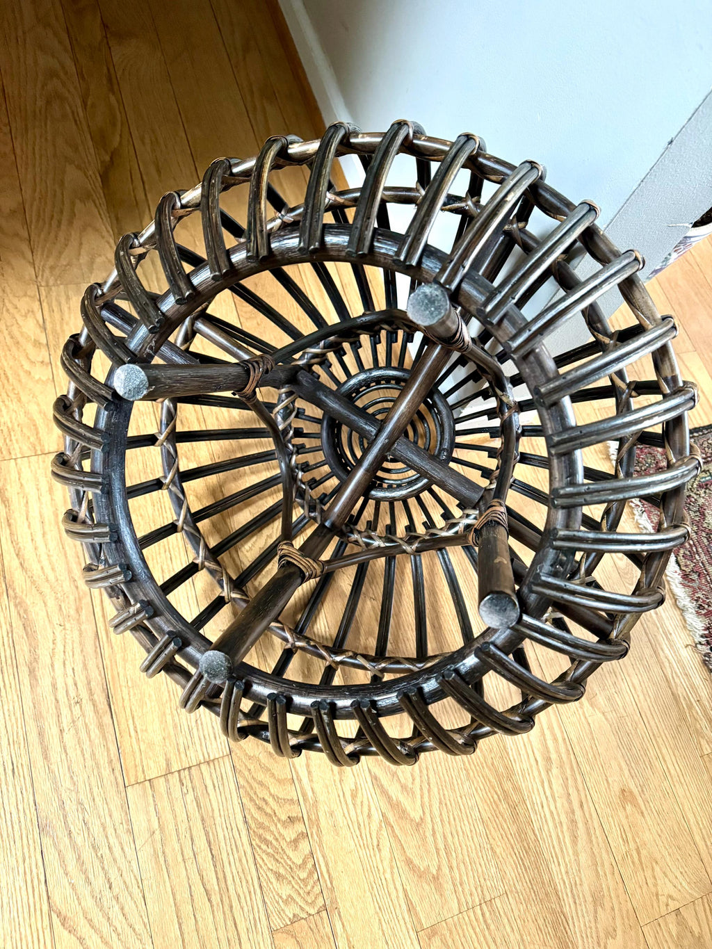 Vintage Franco Albini Style Wicker Ottoman | Albini Style Rattan End Table | MCM Boho Rattan Ottoman | Stained Bamboo Round End Table